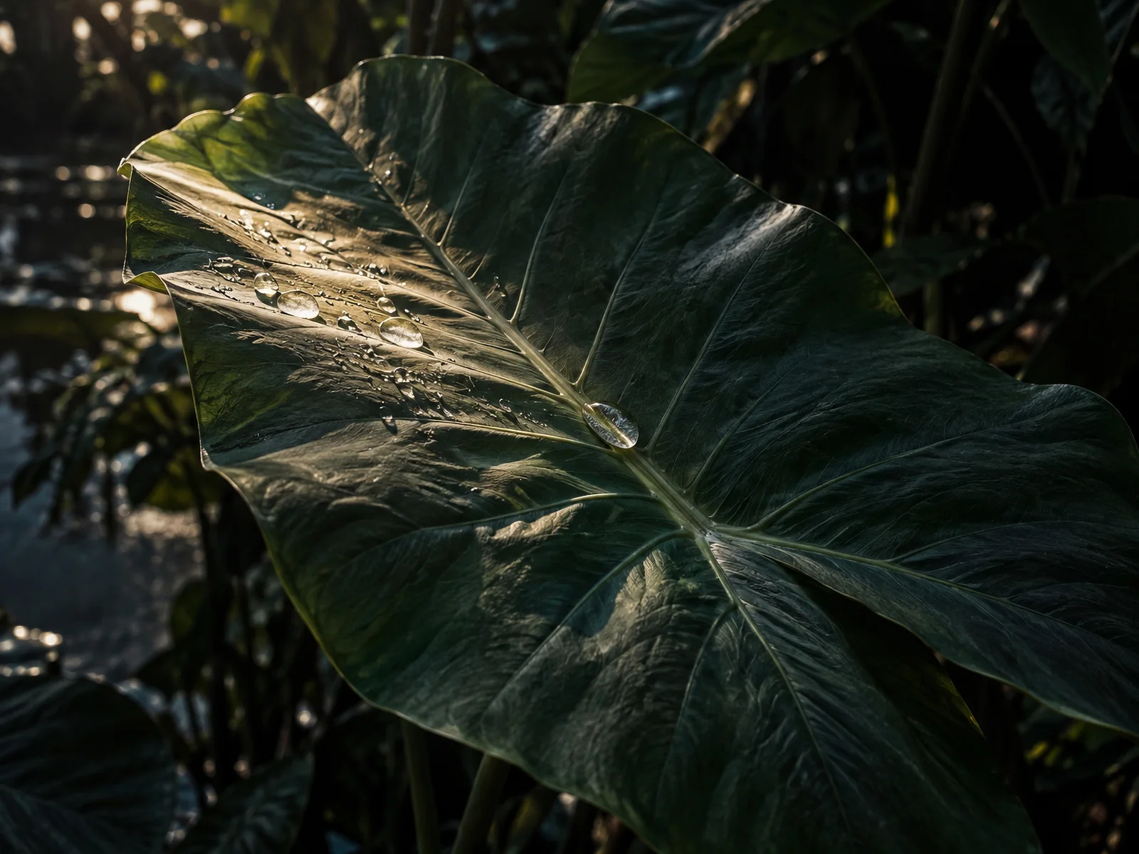Water Beads on a Backlit Taro Leaf — AI-generated photograph