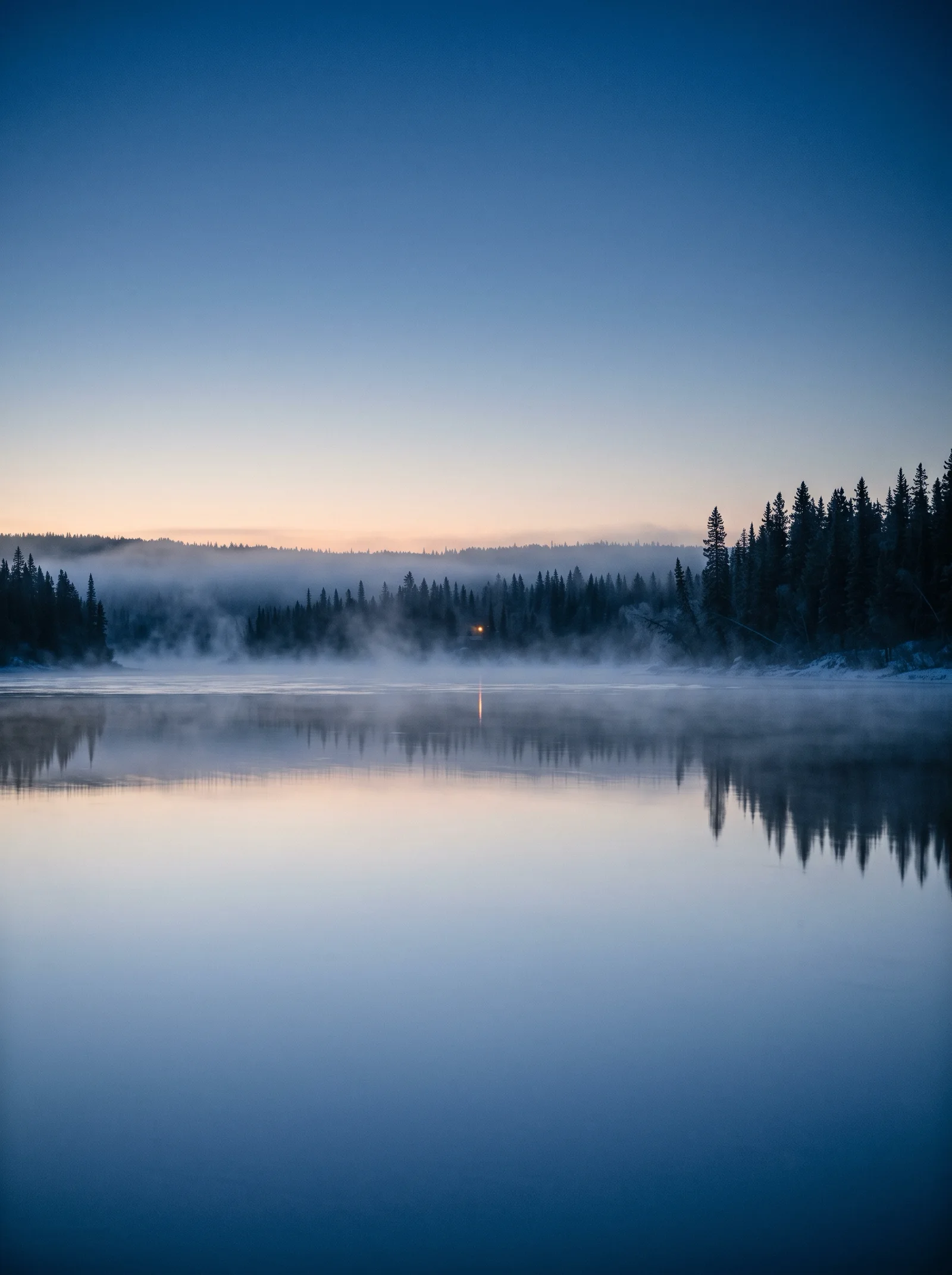 Evergreen Conifers Mirrored in a Misty River at Dawn — AI-generated photograph