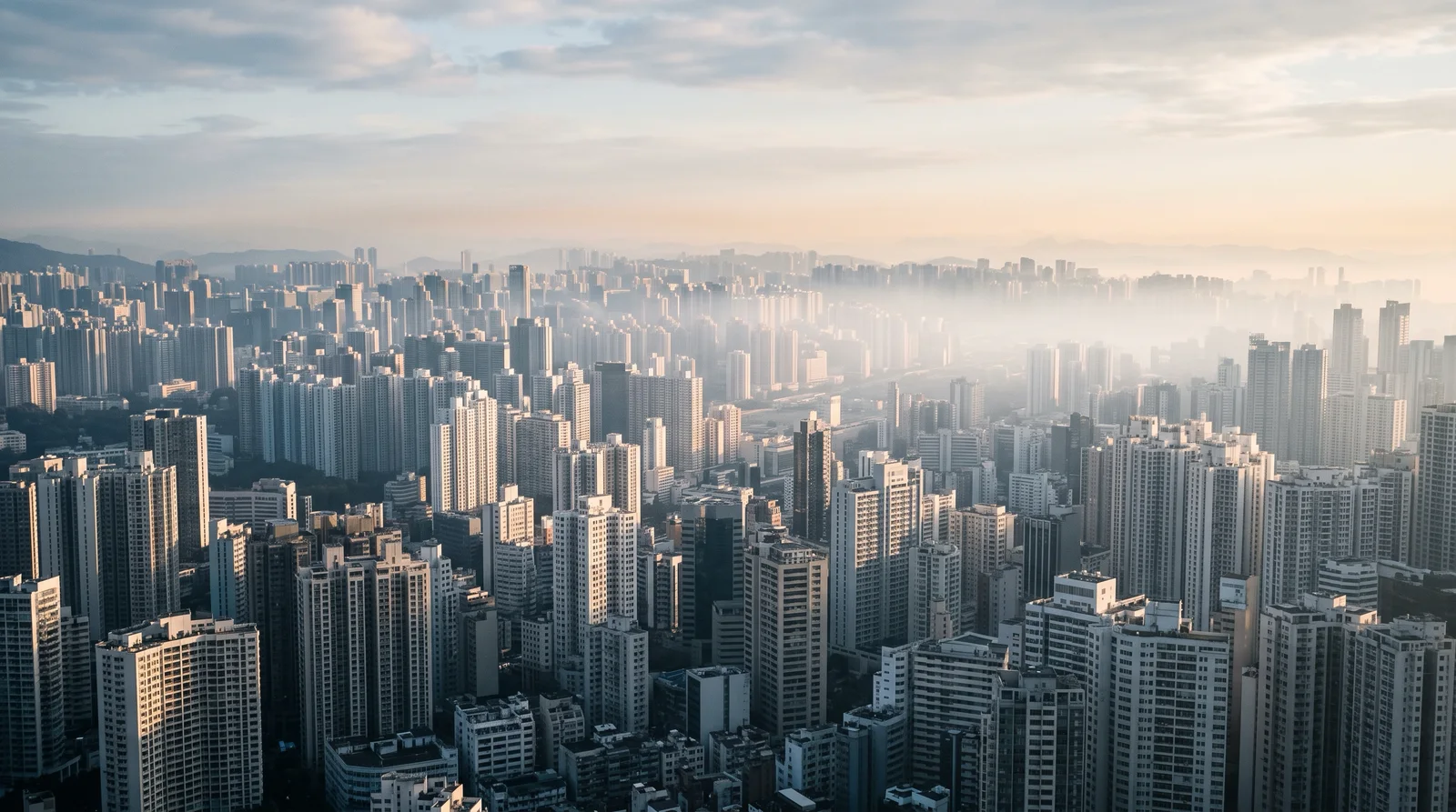 Layered Tokyo Highrises in Morning Haze — AI-generated photograph
