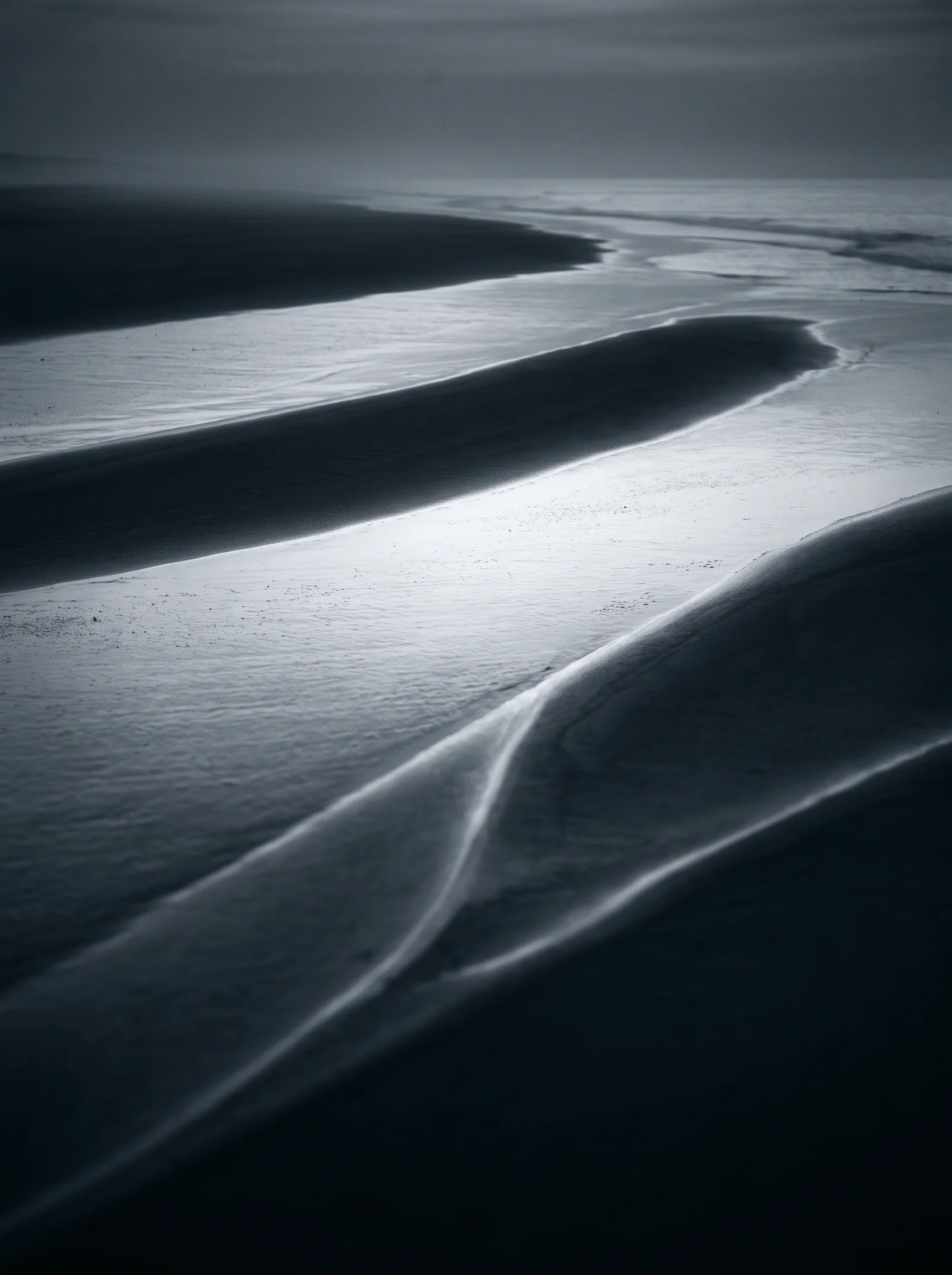Curved Wet Sand Ridges in Selenium Monochrome — AI-generated photograph