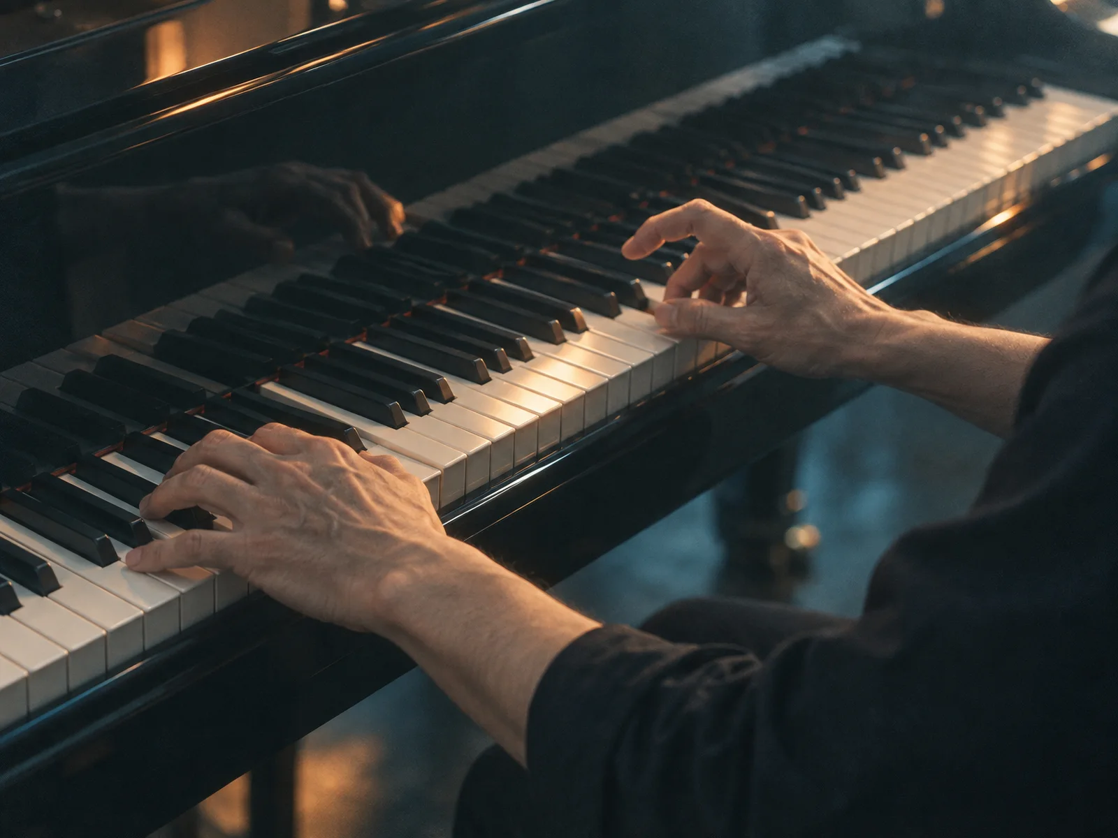 Separated Hands Across Diagonal Piano Keys — AI-generated photograph