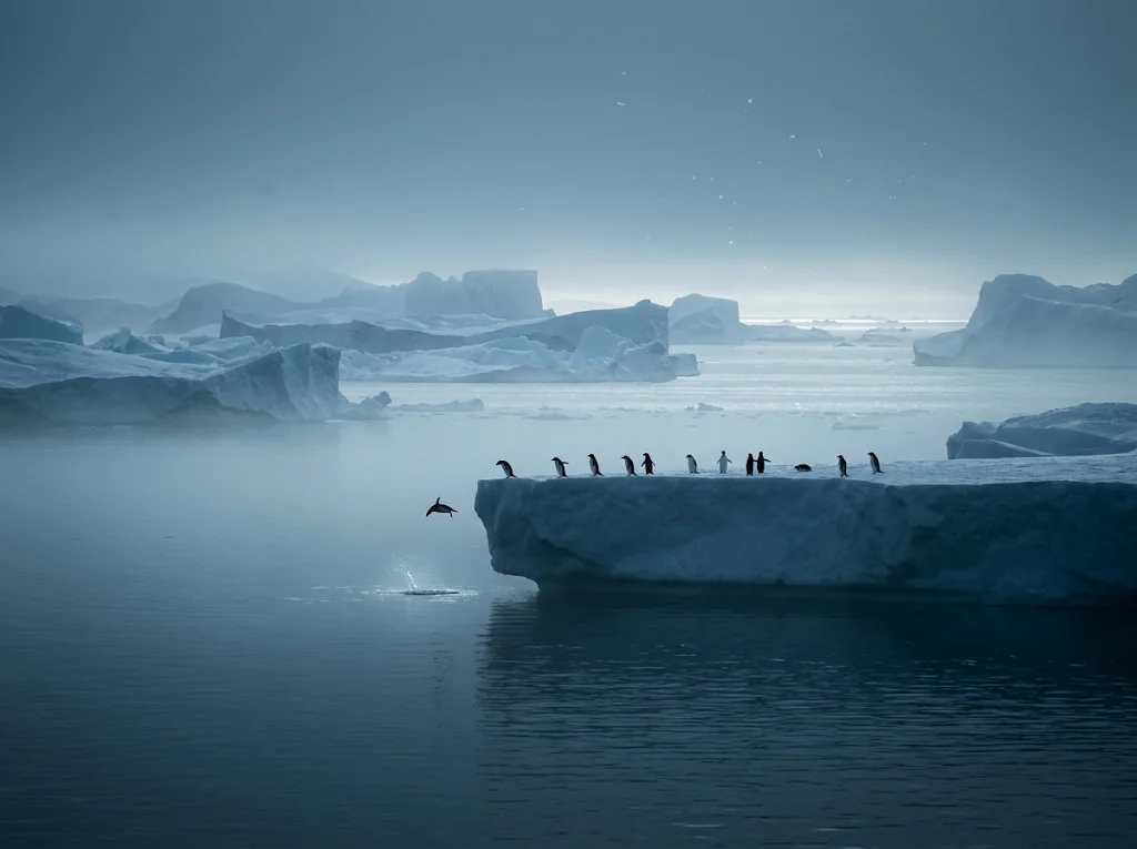 Penguin Leaping Into a Pale Blue Sea — AI-generated photograph