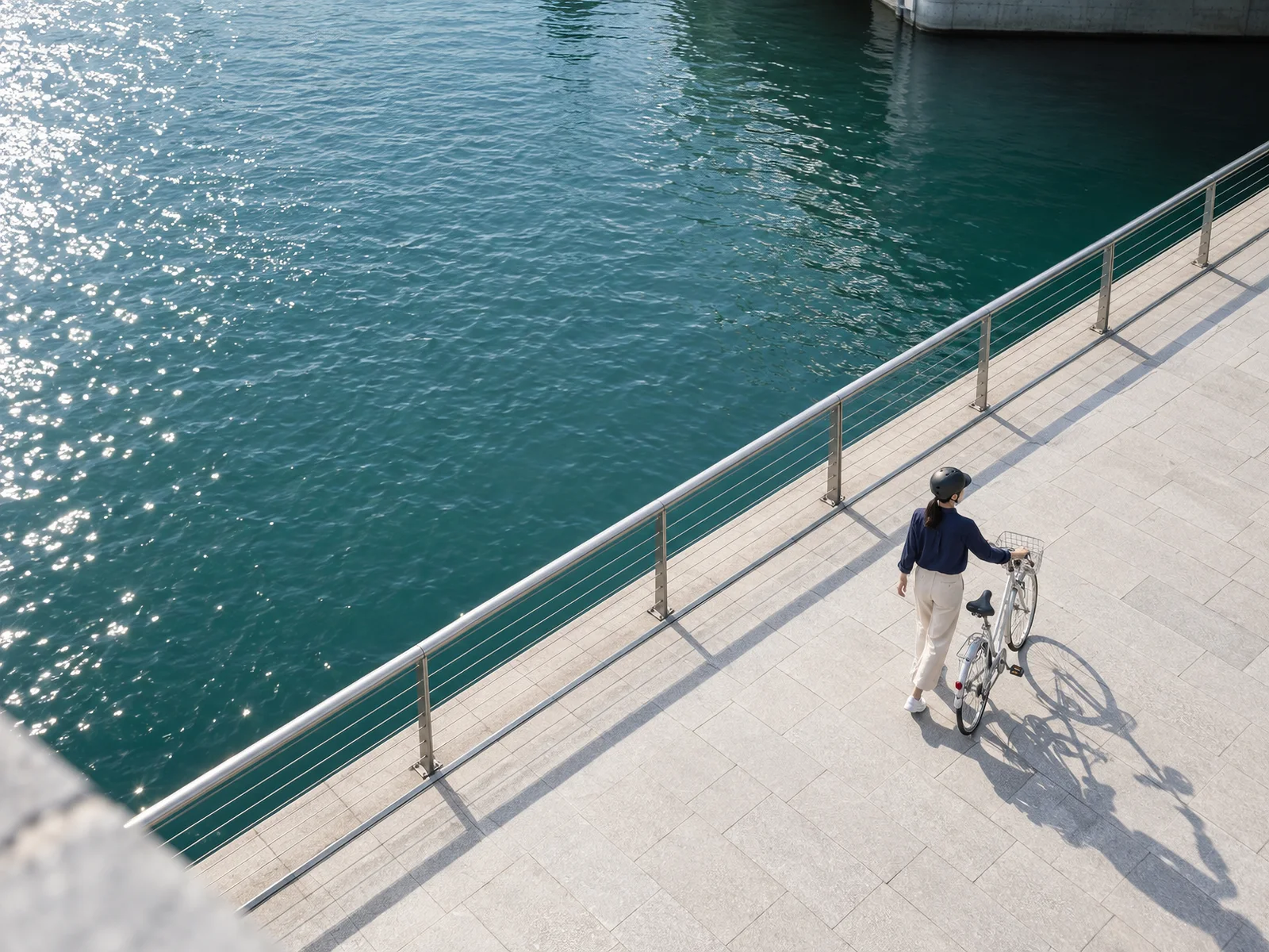 Woman and Bicycle Casting Long Shadows — AI-generated photograph