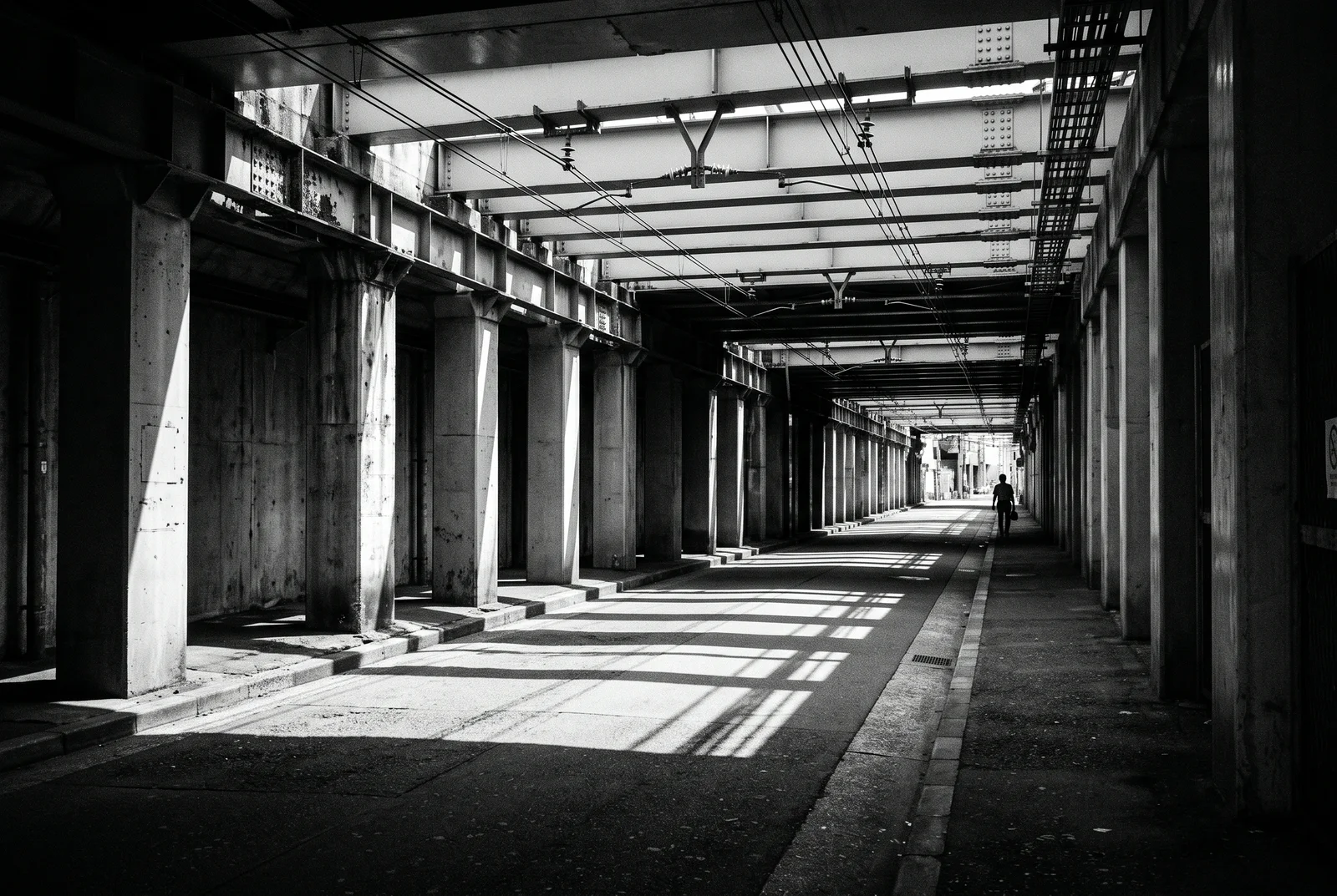 Striped Shadows under a Railway Viaduct — AI-generated photograph