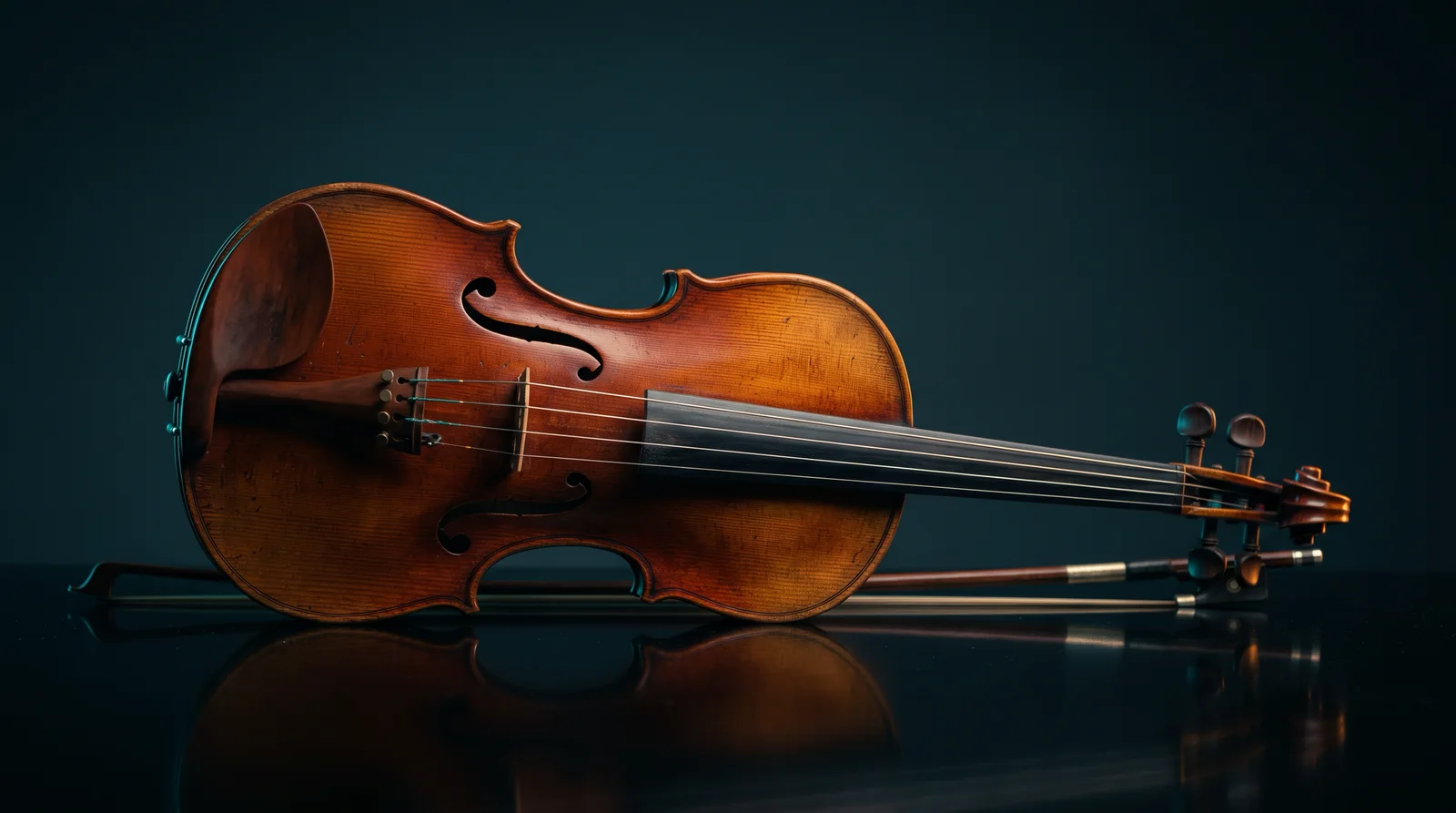 Violin on a Black Acrylic Mirror — AI-generated photograph