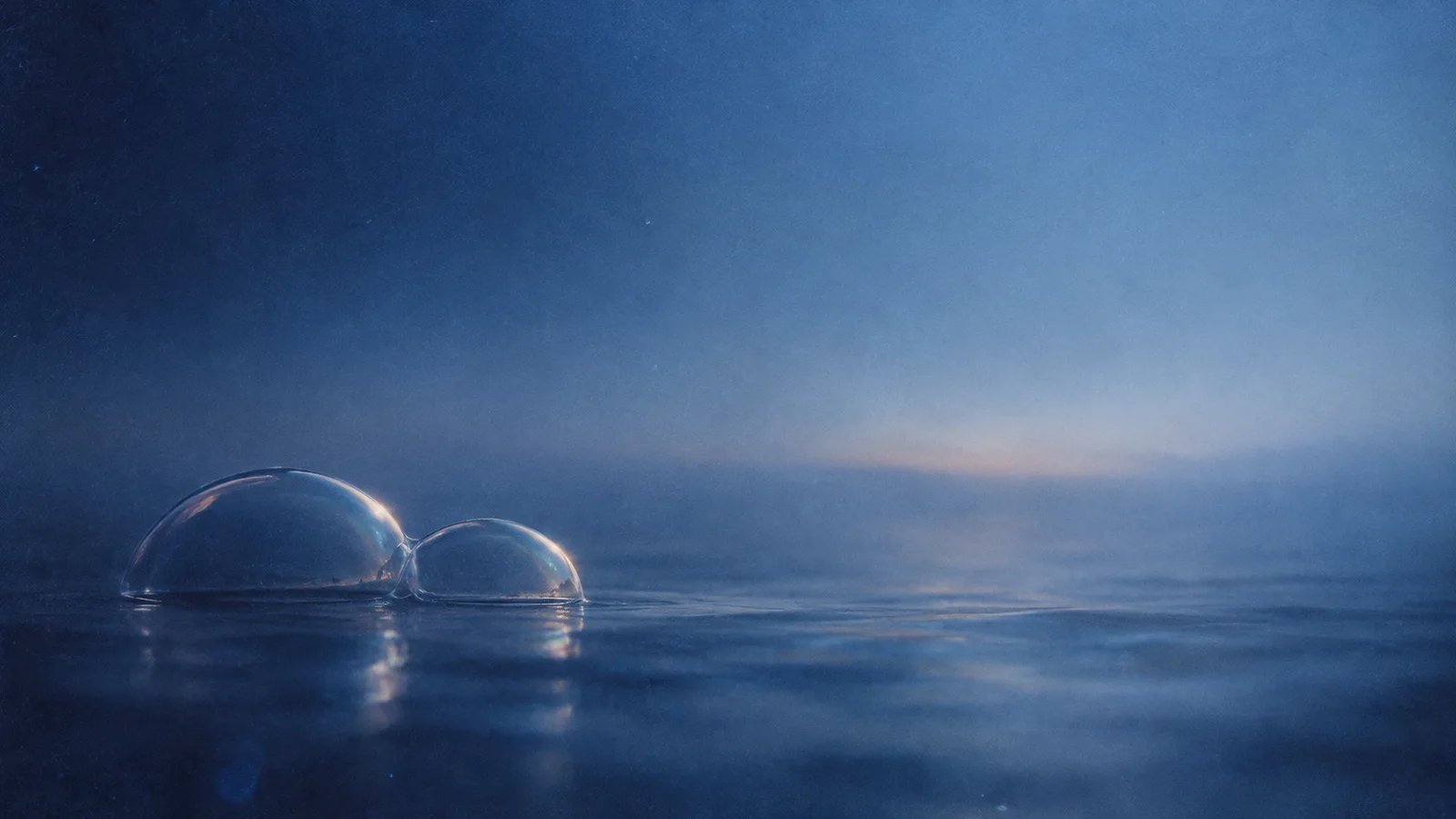 Two Bubbles Touching on Blue Water — AI-generated photograph