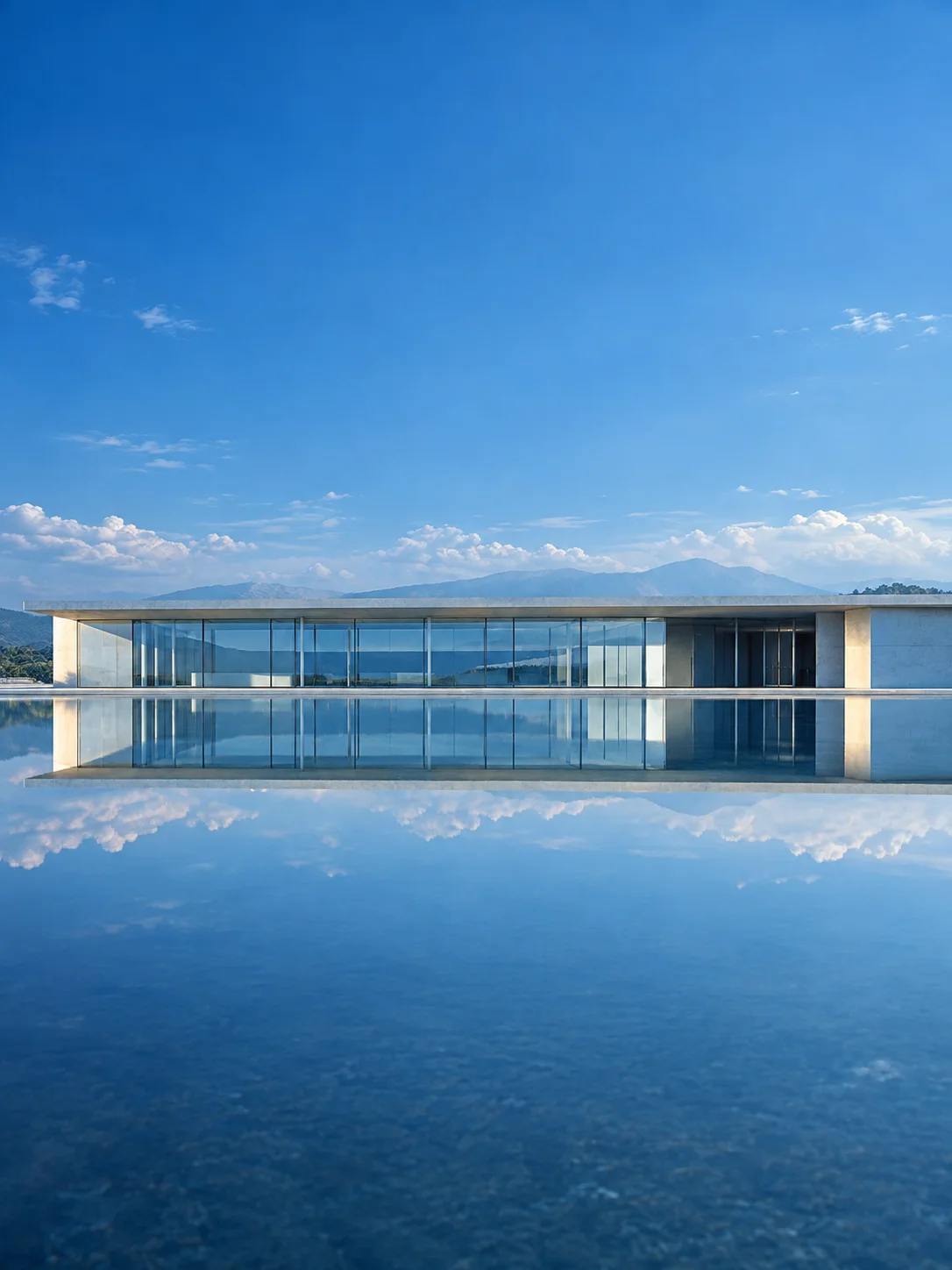 Recessed Glass Entrance Mirrored in Blue Water — AI-generated photograph