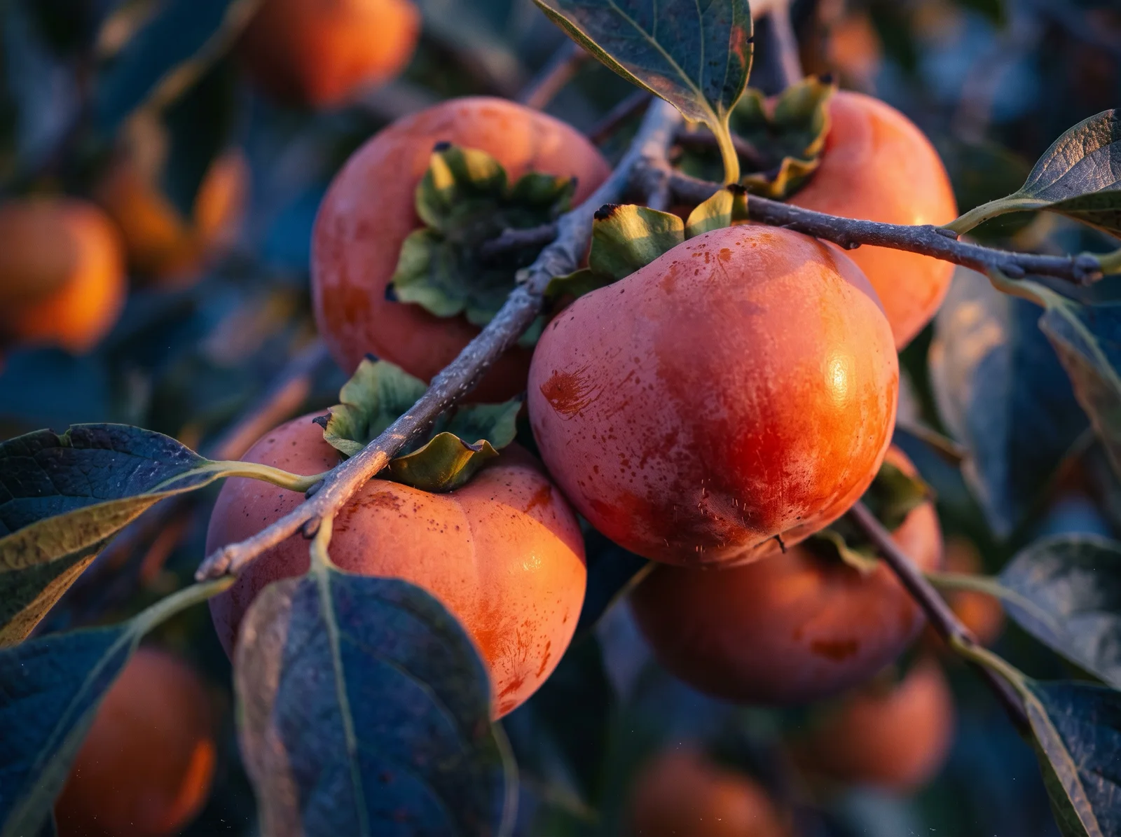 Backlit Persimmons on a Branch at Dusk — AI-generated photograph