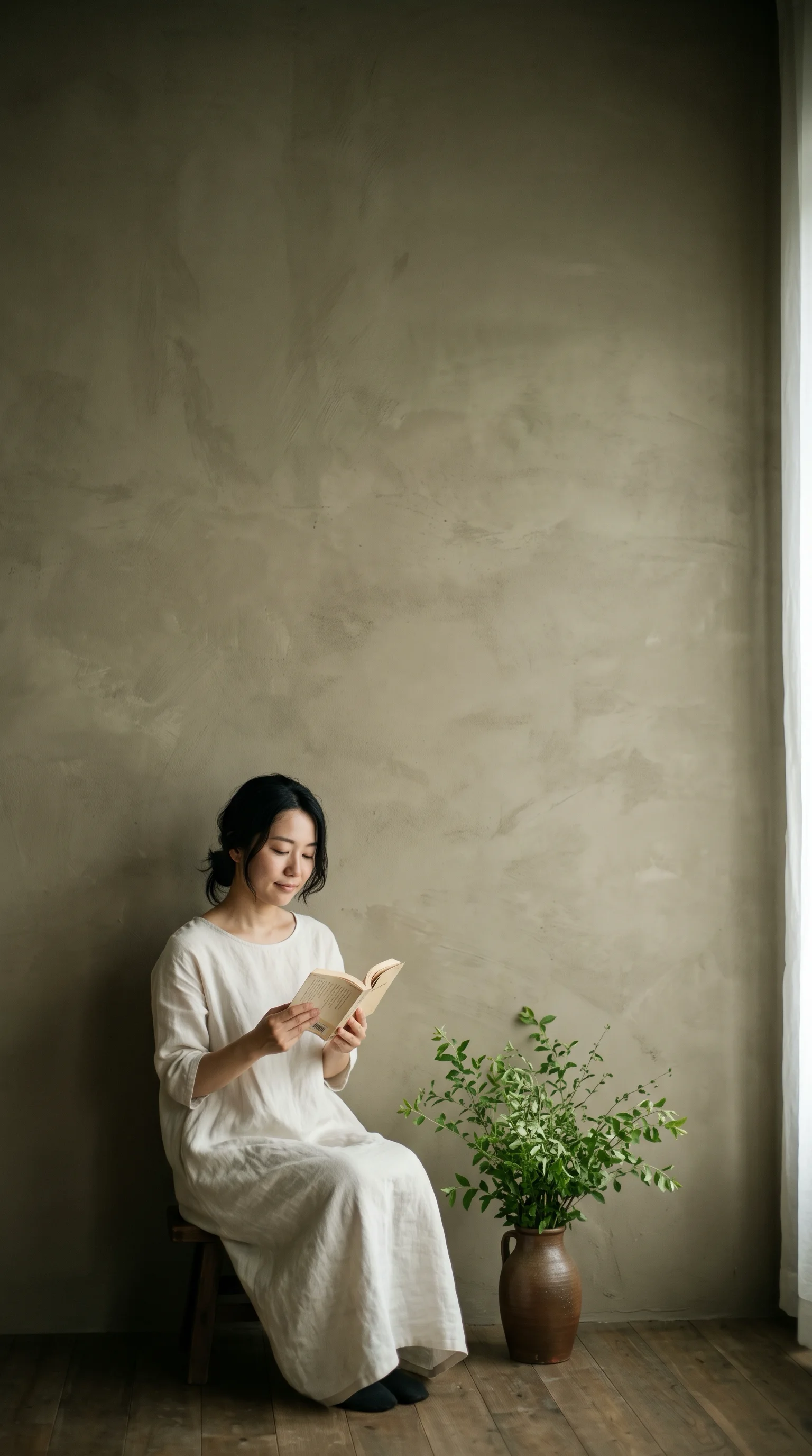 Woman Reading Against a Plaster Wall — AI-generated photograph
