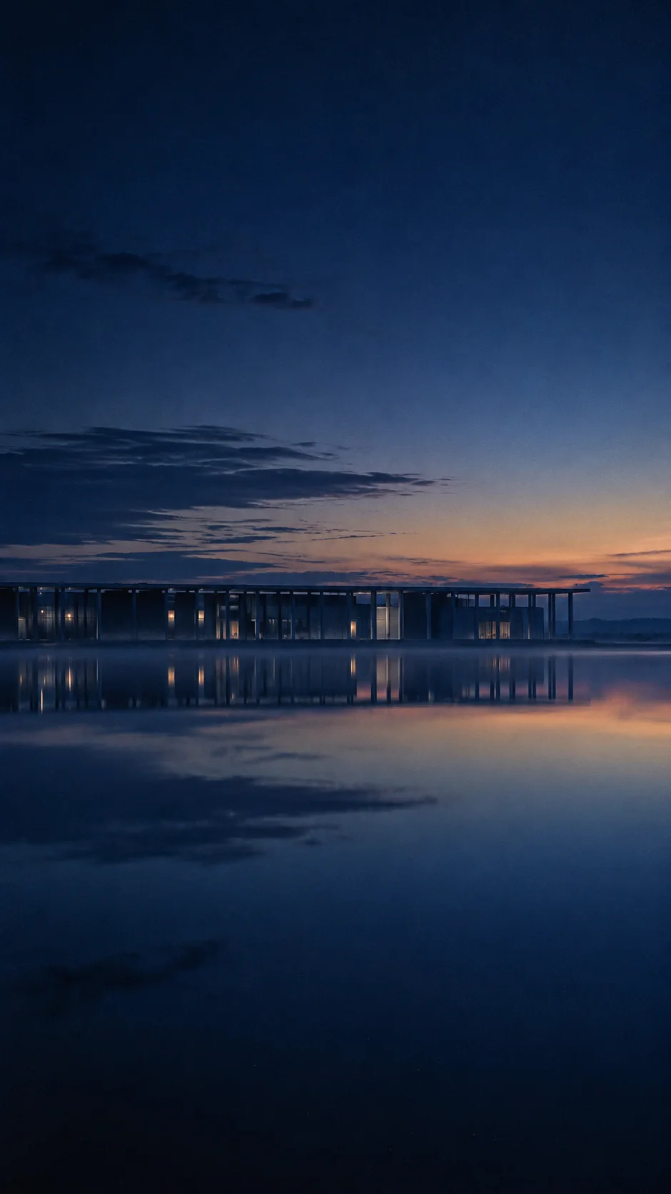 Distant Colonnade Reflected Beneath a Blue Sky — AI-generated photograph