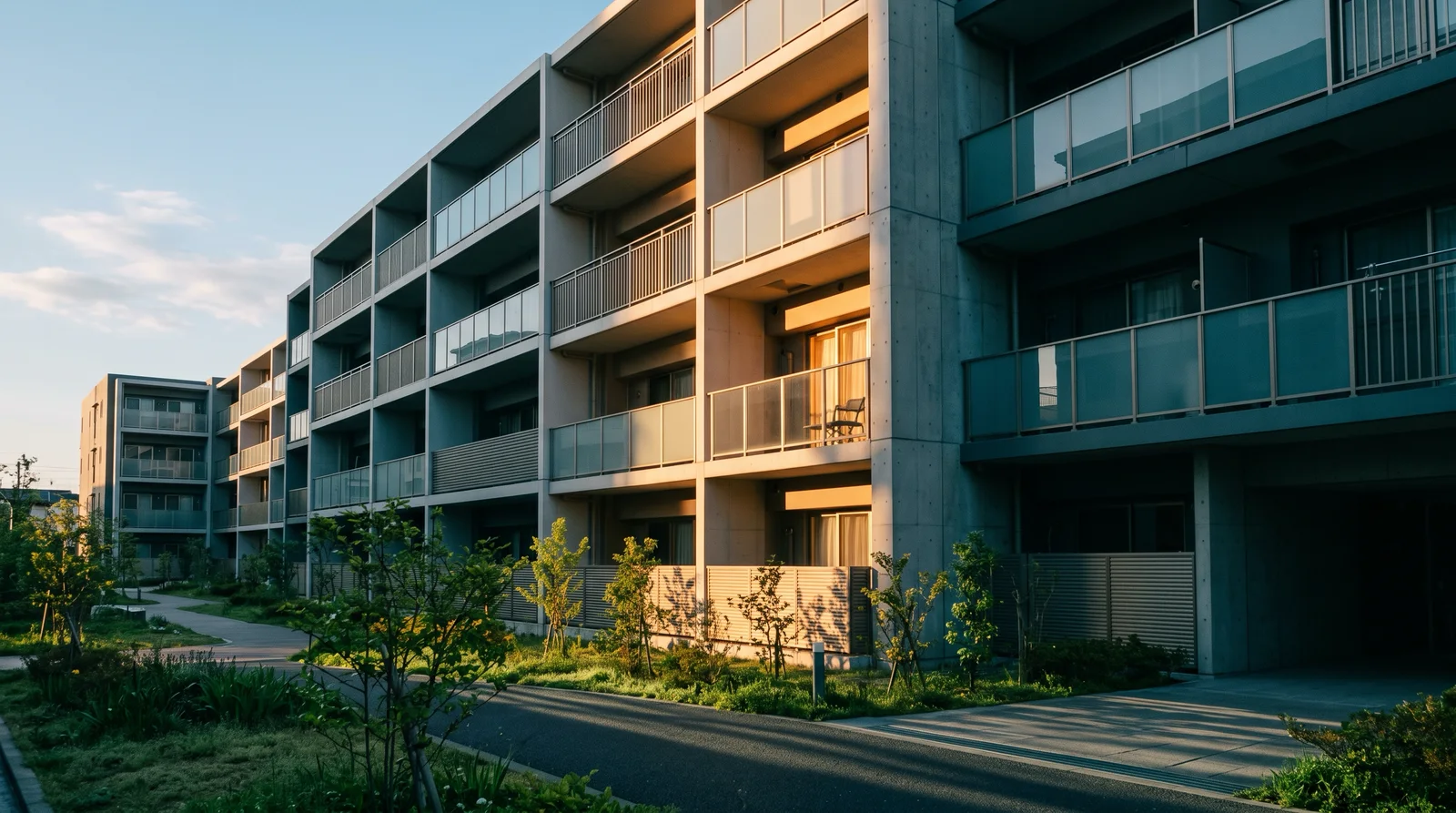Morning Sun on Apartment Balconies in Amber and Teal — AI-generated photograph