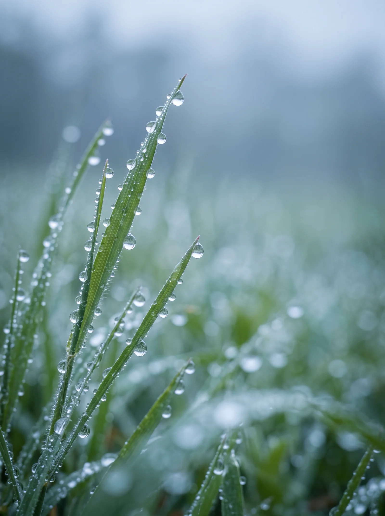 Raindrops on Fresh Grass Blades in Cool Morning Light — AI-generated photograph