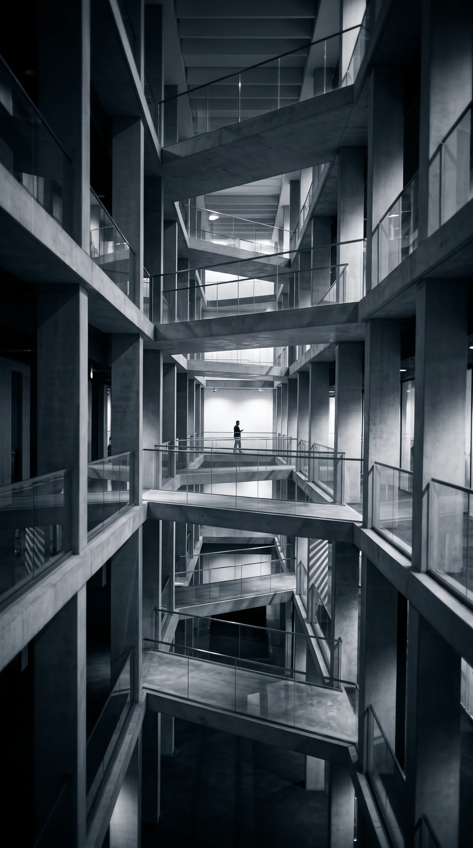 Layered Office Atrium in Selenium Monochrome — AI-generated photograph