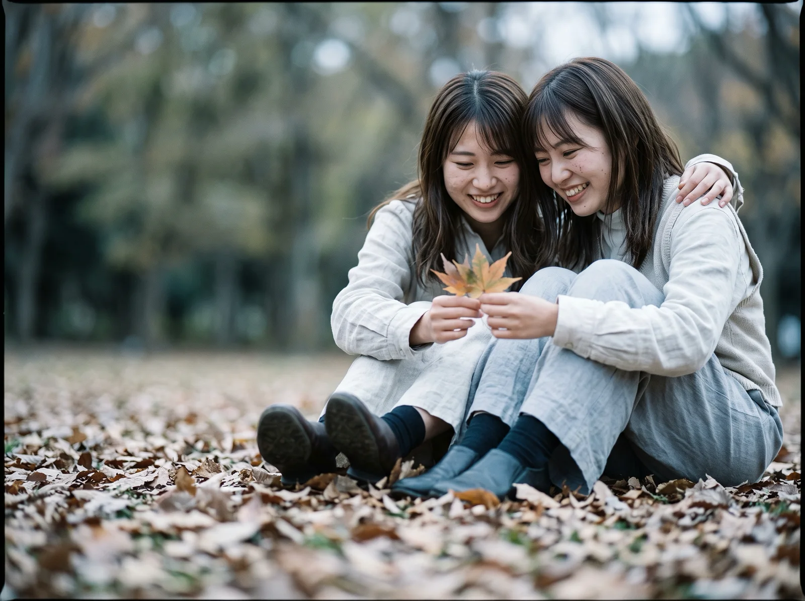 Two Friends Among Fallen Leaves on an Overcast Day — AI-generated photograph