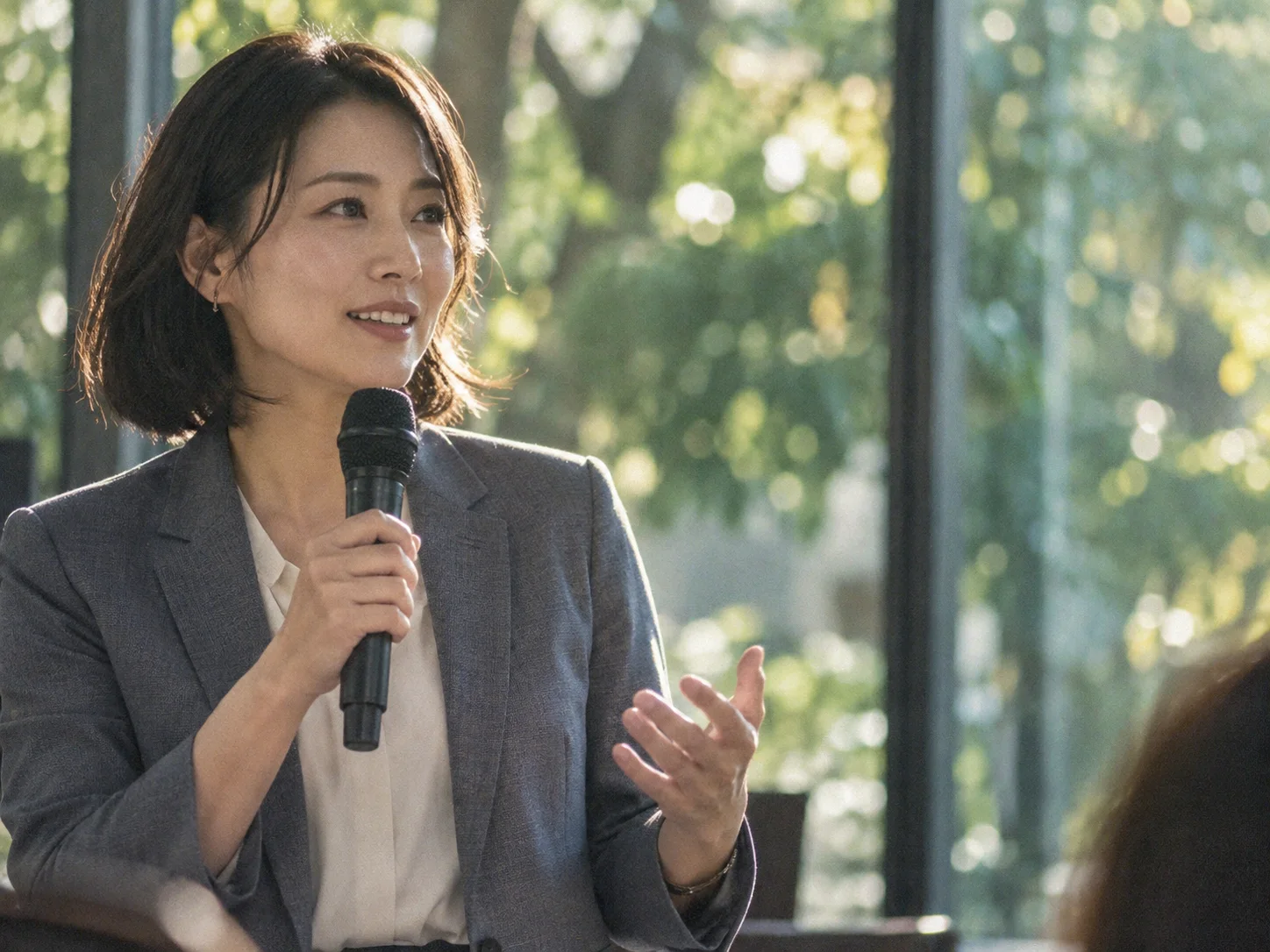 Woman Speaking into a Handheld Microphone — AI-generated photograph
