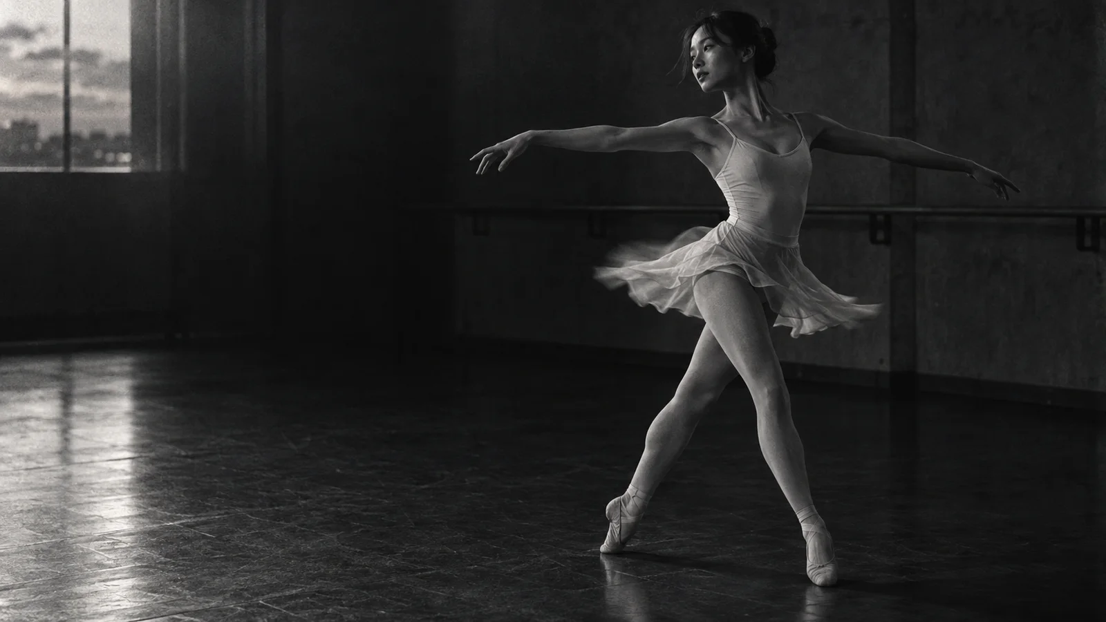 Dancer Turning Beside a Studio Barre — AI-generated photograph