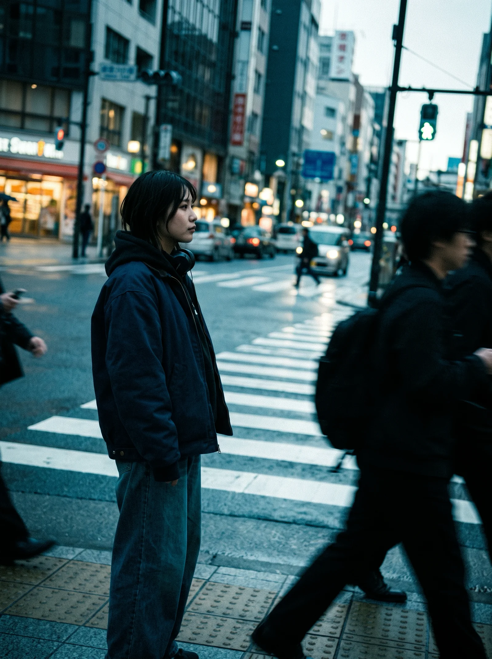 Lone Figure at a Dusk Crosswalk — AI-generated photograph