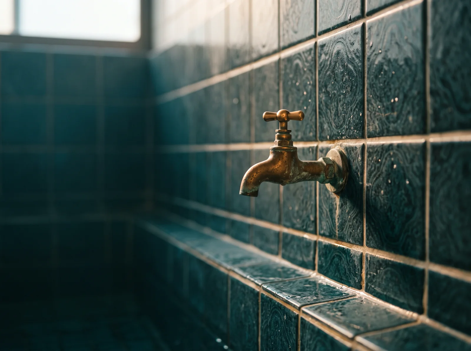 Brass Spout Over a Teal Tiled Bath — AI-generated photograph