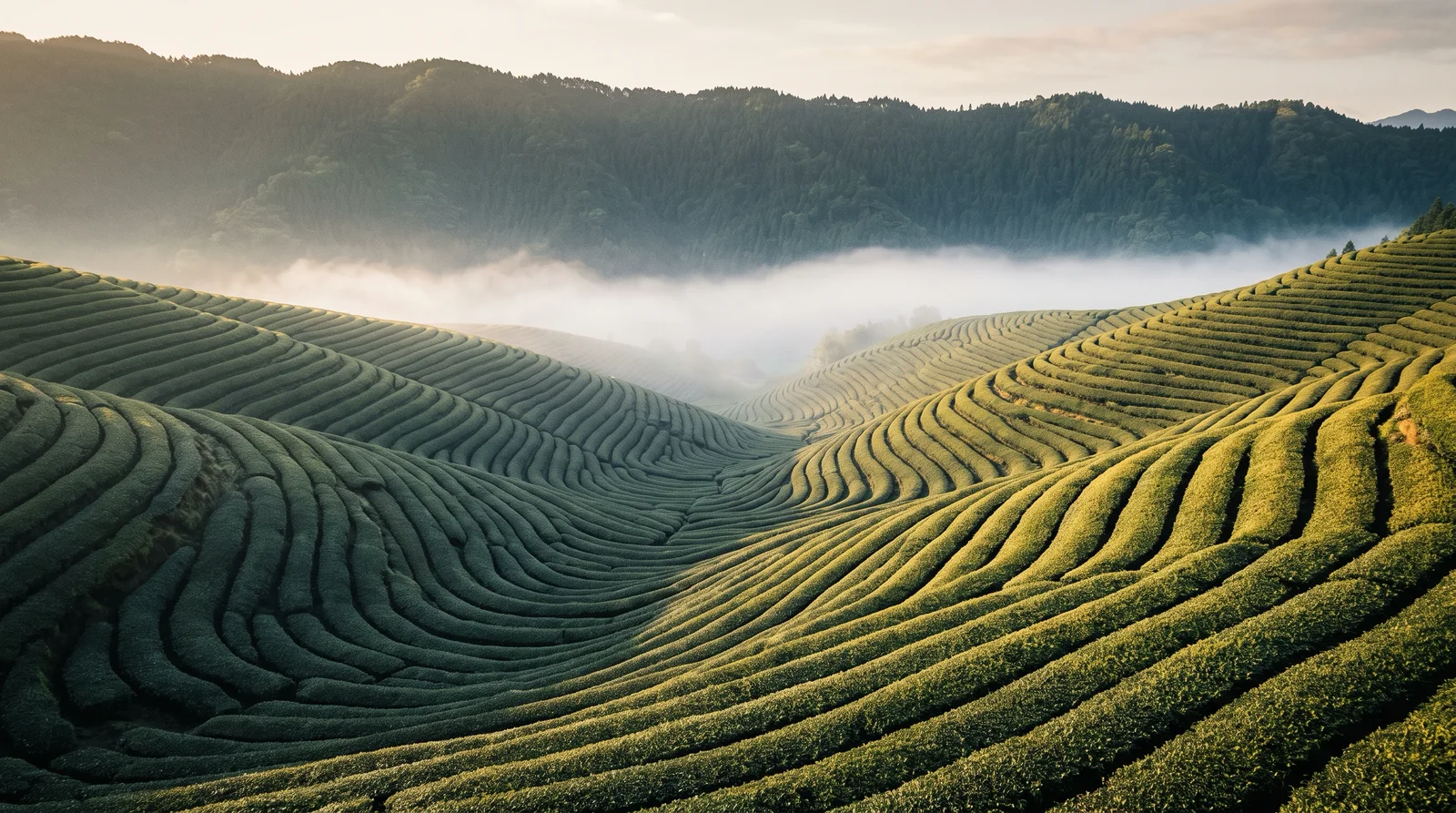 Sunlit Tea Terraces in Morning Mist — AI-generated photograph