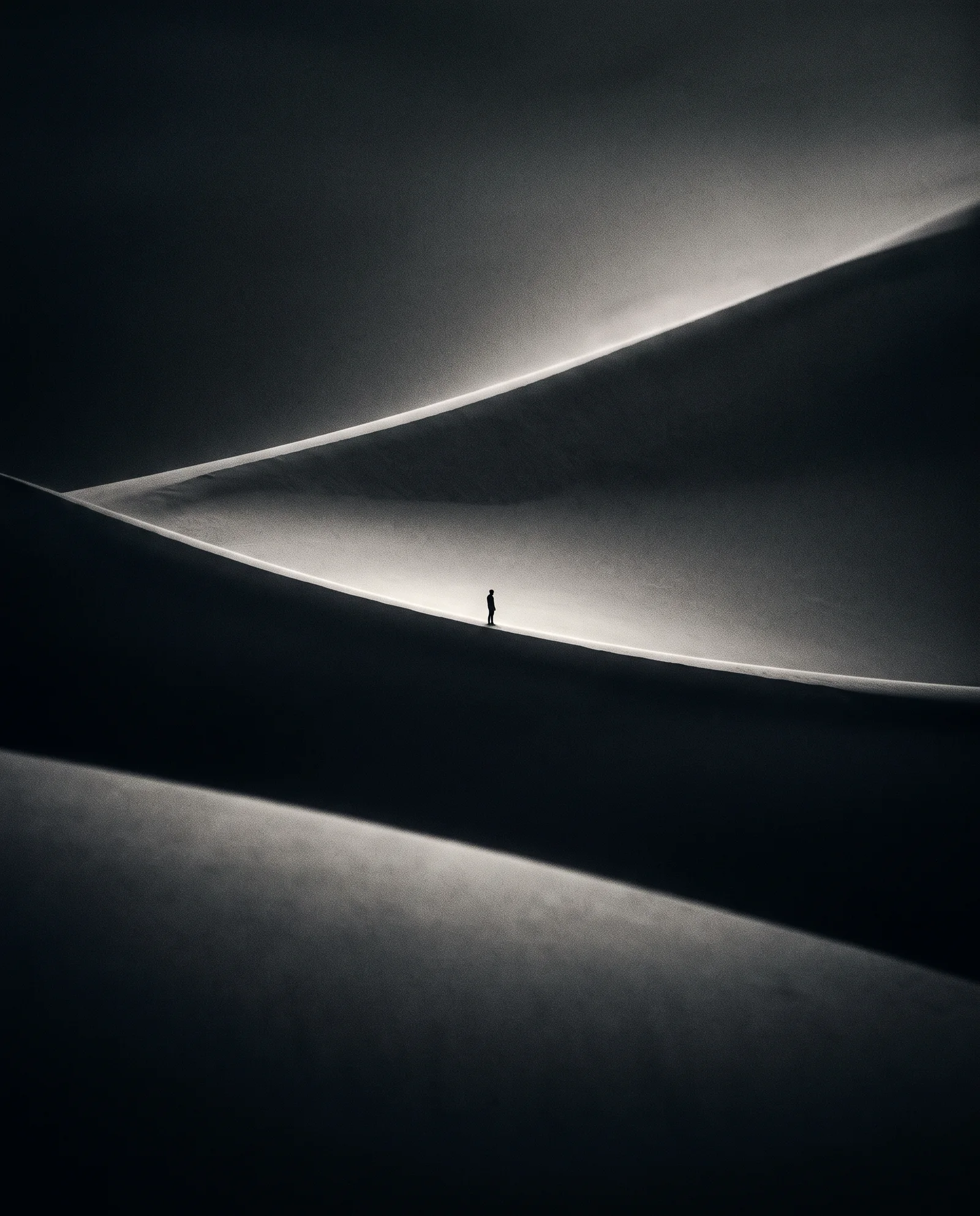 Tiny Figure on Curved Dark Sand Ridges — AI-generated photograph
