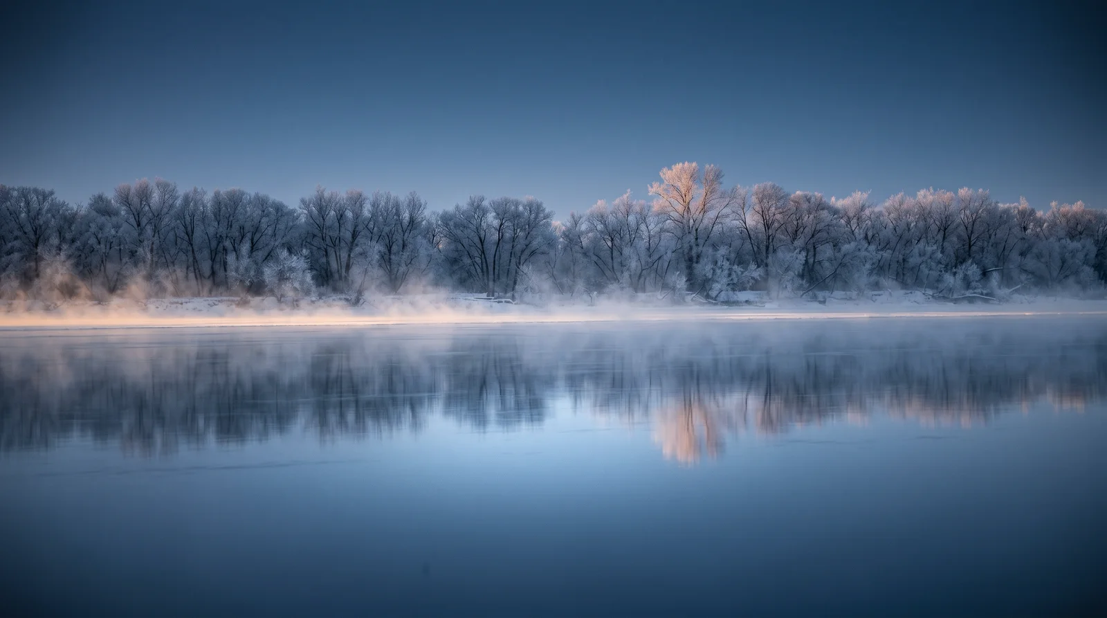 Frost-Covered Bare Trees Mirrored in a Frozen River — AI-generated photograph