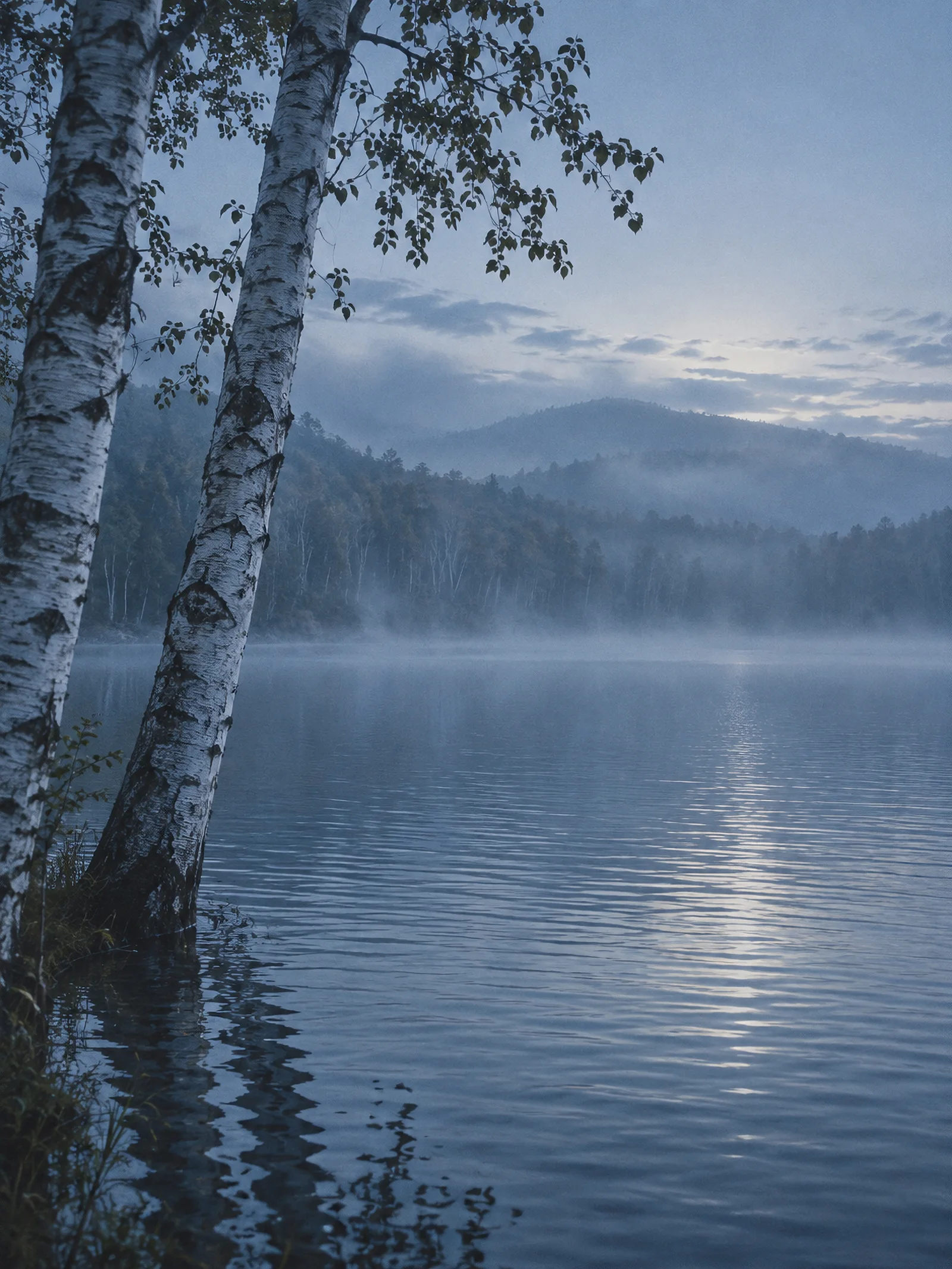 Birch Trunks Beside a Rippled Lake — AI-generated photograph