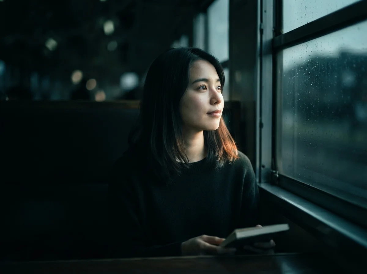 Woman Looking Out a Train Window in Evening — AI-generated photograph
