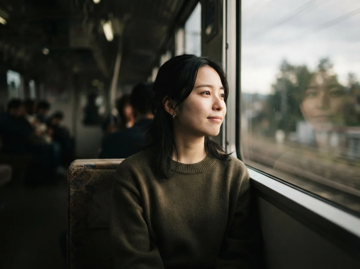 Woman Looking Out a Train Window in Evening — AI-generated photograph
