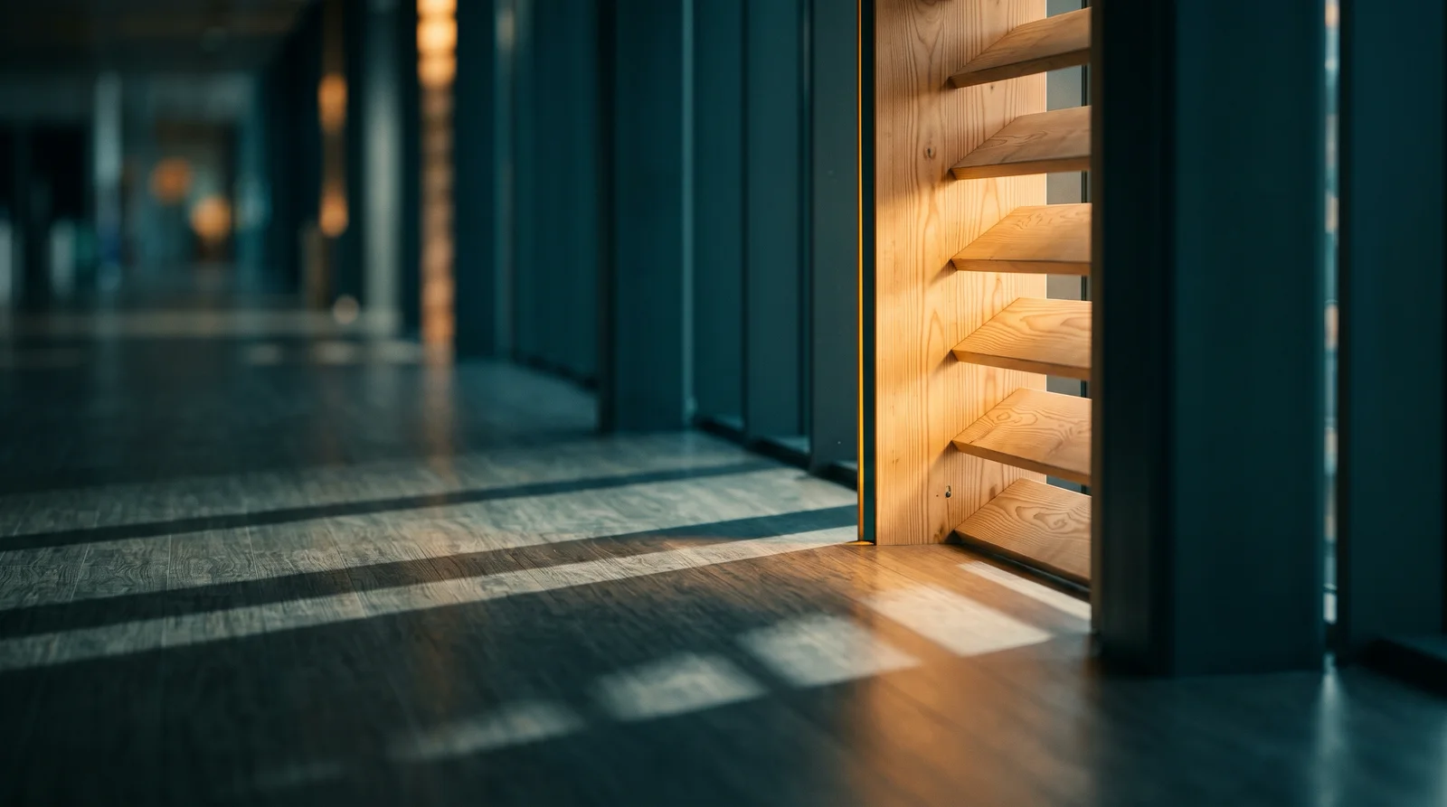 Amber Light Shaft Across a Timber Concourse — AI-generated photograph