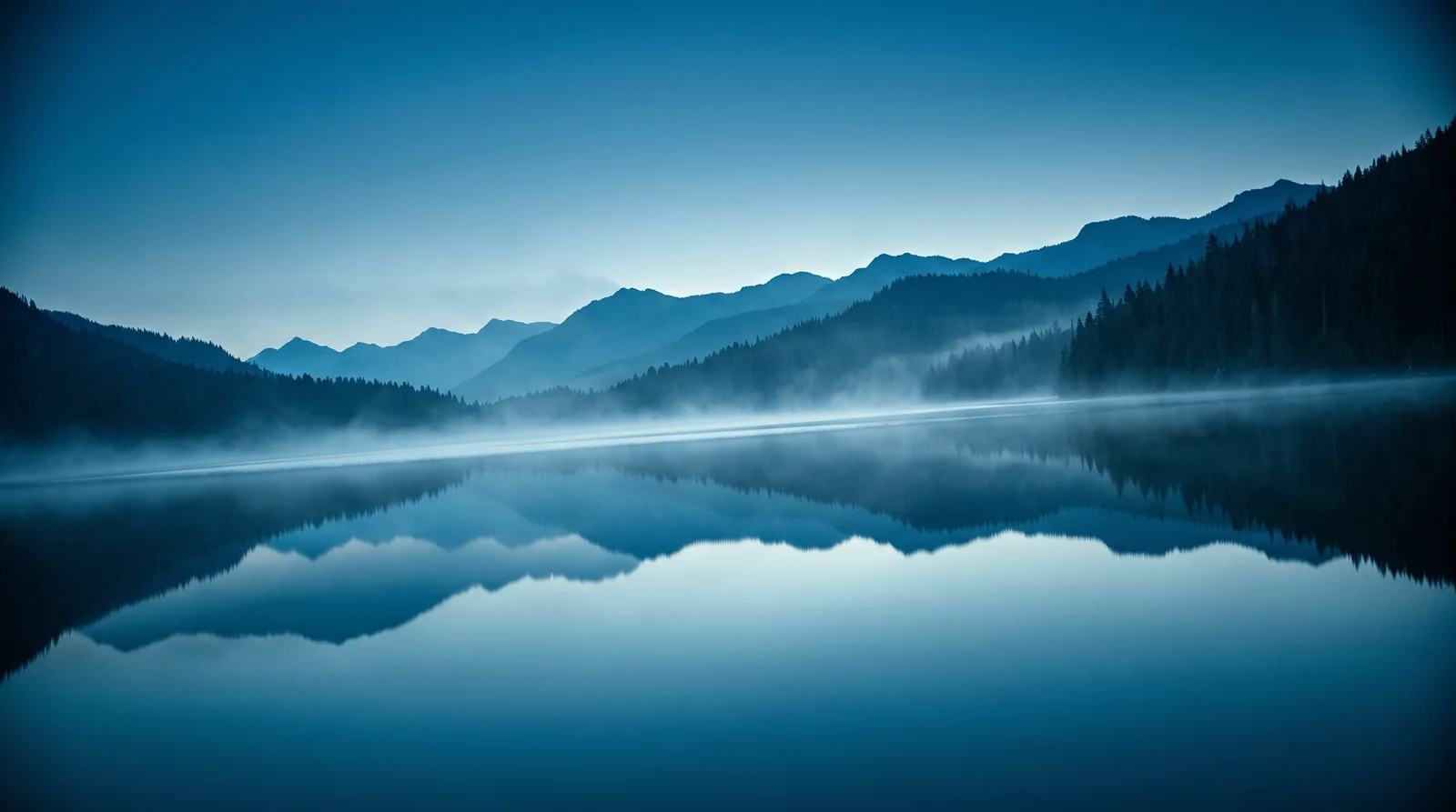 Misty Conifer Lake Ridges at Dawn — AI-generated photograph