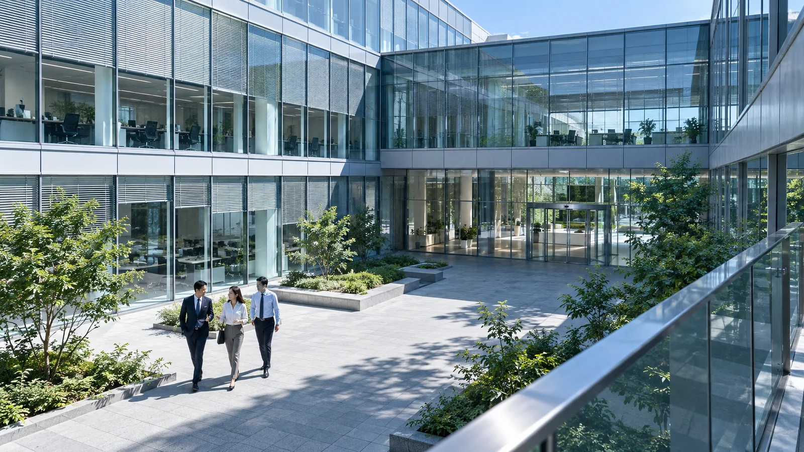 Colleagues Crossing an Office Courtyard — AI-generated photograph