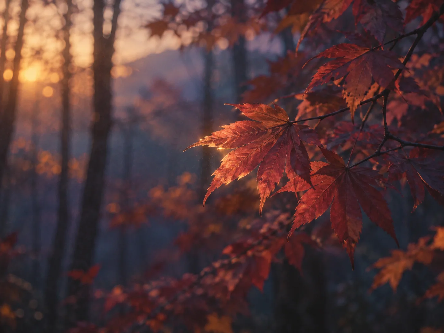 Crimson Maple Leaves Against Blue Forest Mist — AI-generated photograph