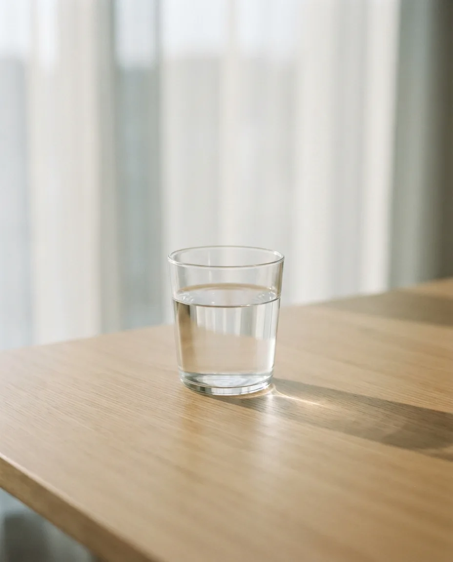 Water Glass on a Light Oak Table — AI-generated photograph