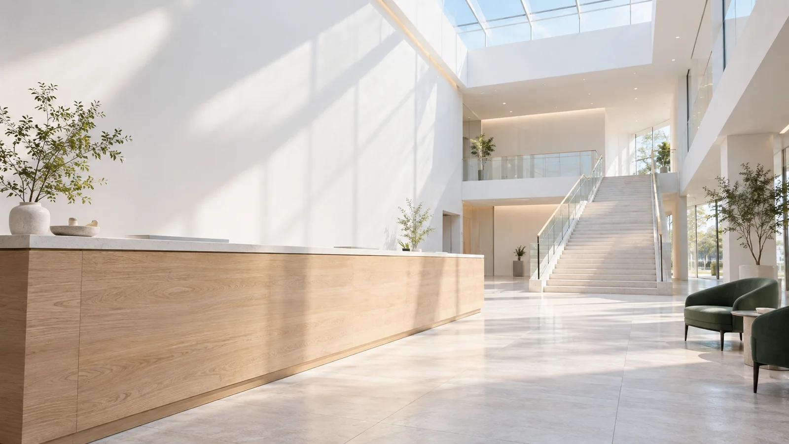 Office Reception Beneath a Large Skylight — AI-generated photograph