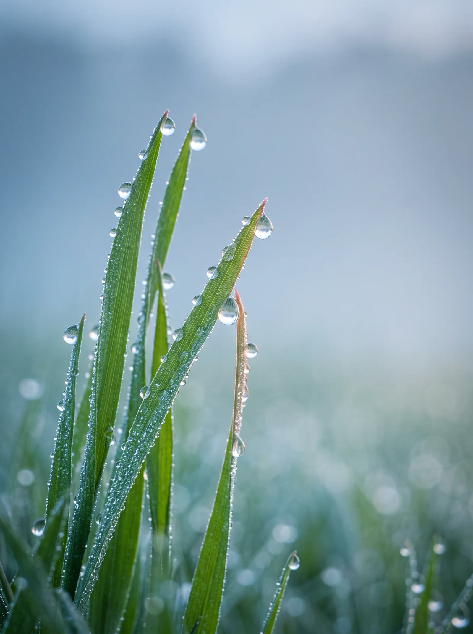 Dew on Highland Grass Blades in Cool Morning Light — AI-generated photograph