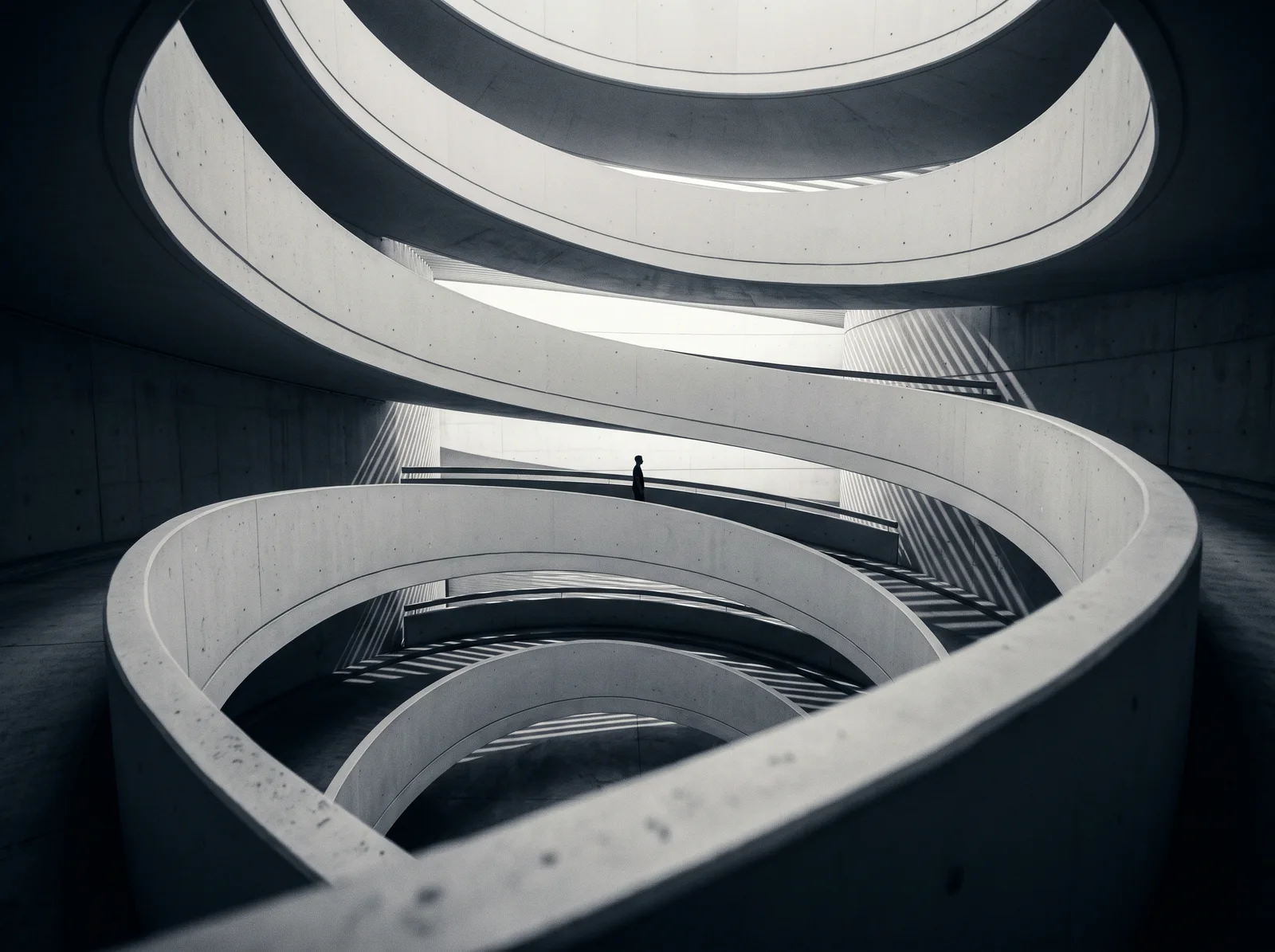 Curved Concrete Ramps in Selenium Monochrome — AI-generated photograph