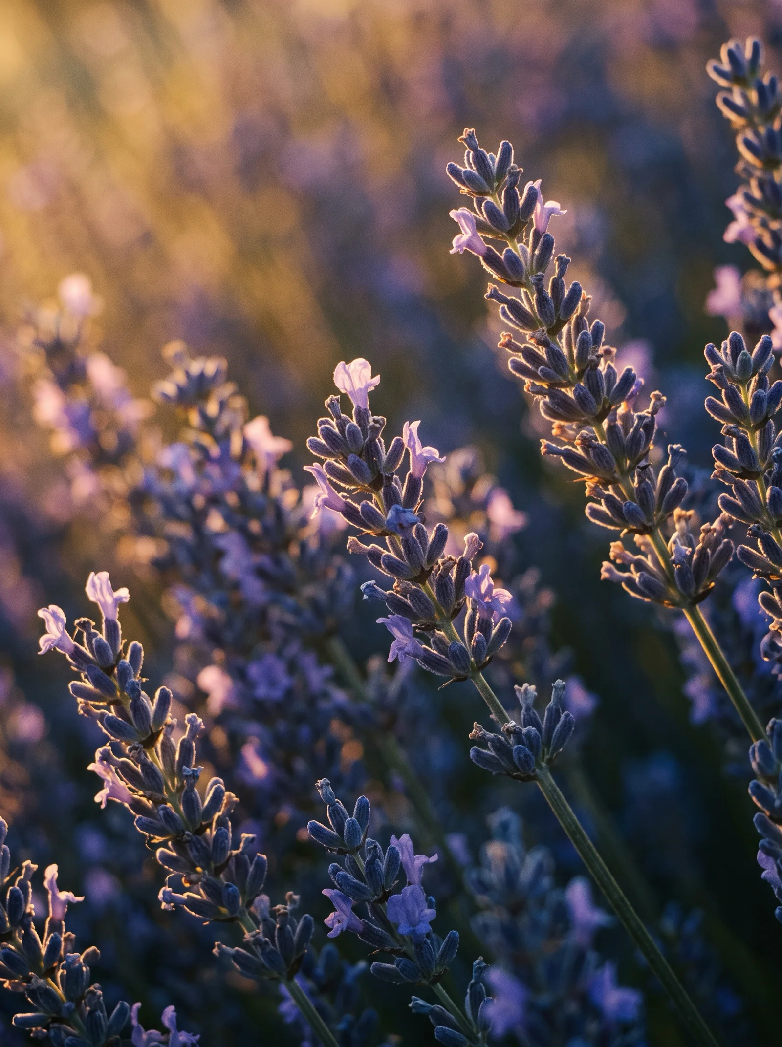 Backlit Lavender Spikes With Violet Shadows at Dusk — AI-generated photograph