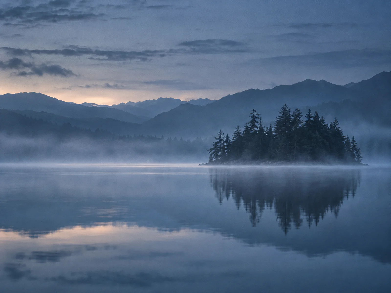 Conifer Island Reflected on a Dawn Lake — AI-generated photograph