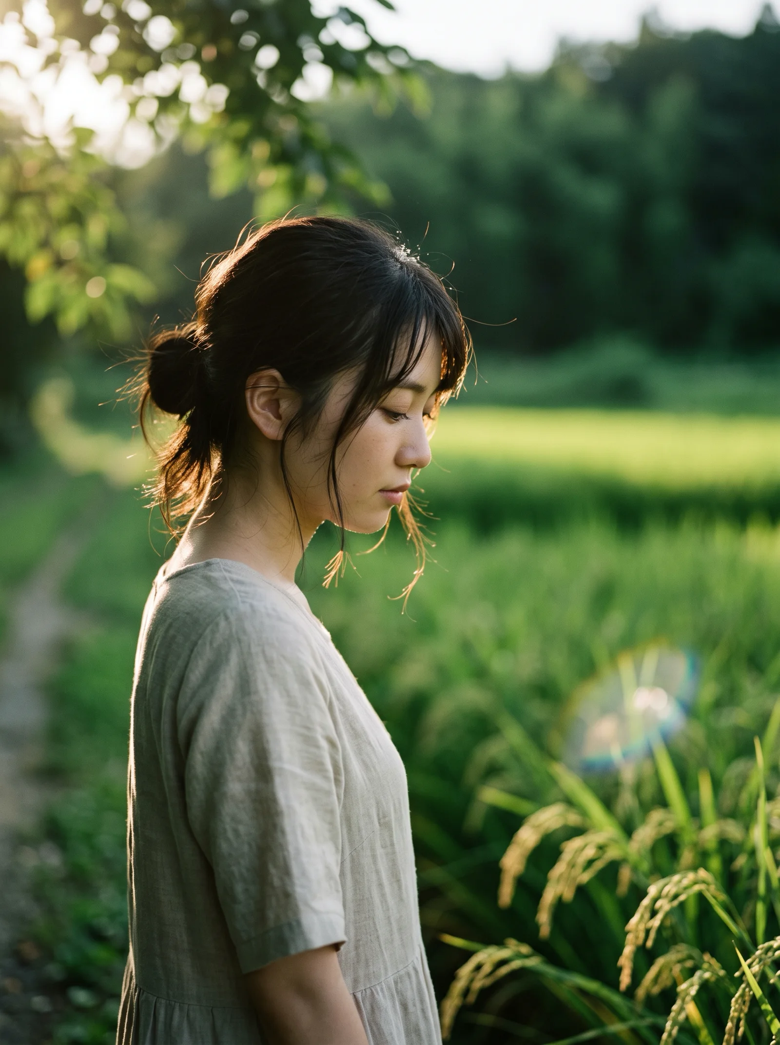 Sunlit Profile of a Woman by a Summer Field — AI-generated photograph