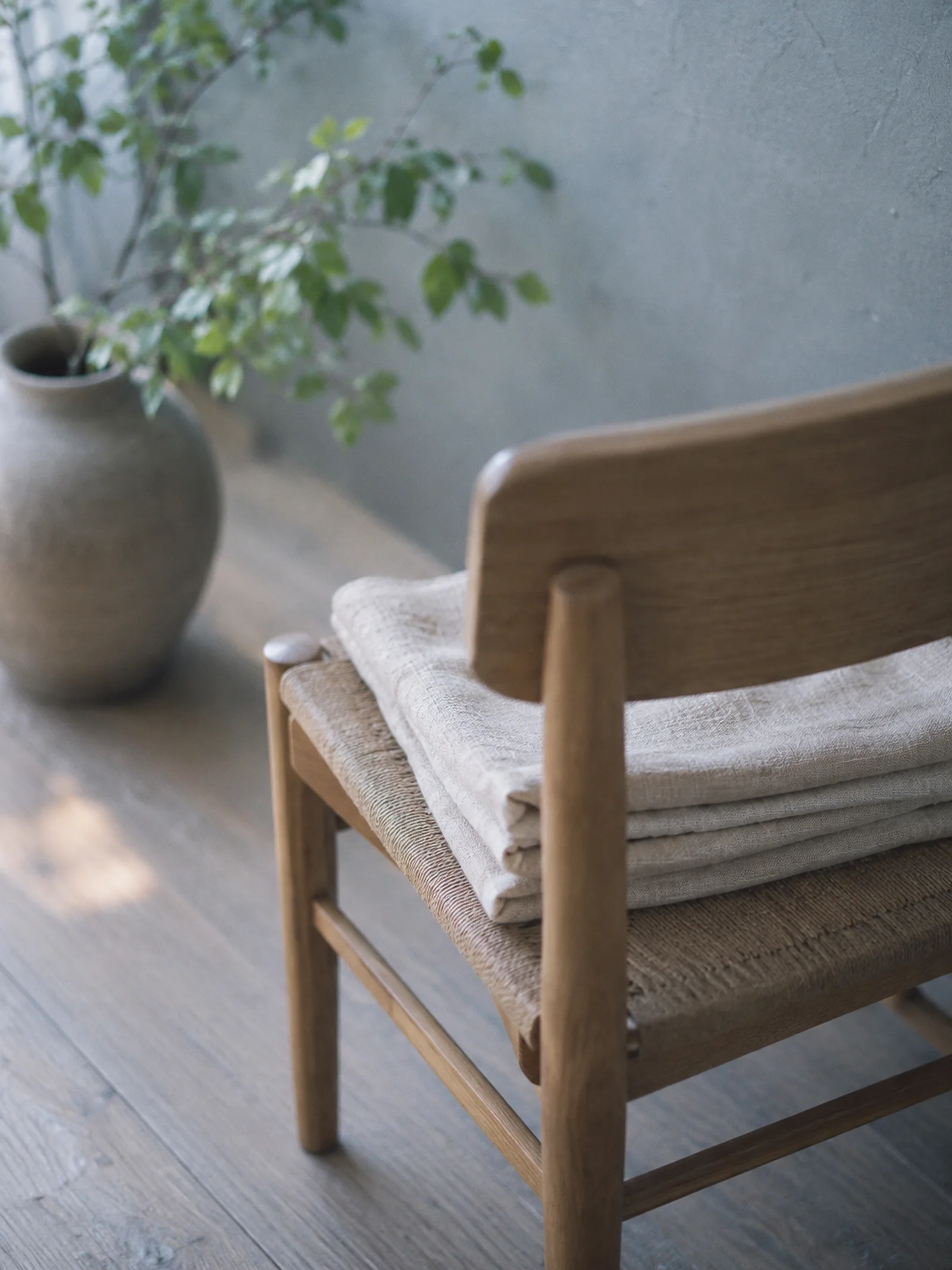 Folded Linen Seen Behind a Wooden Chair — AI-generated photograph