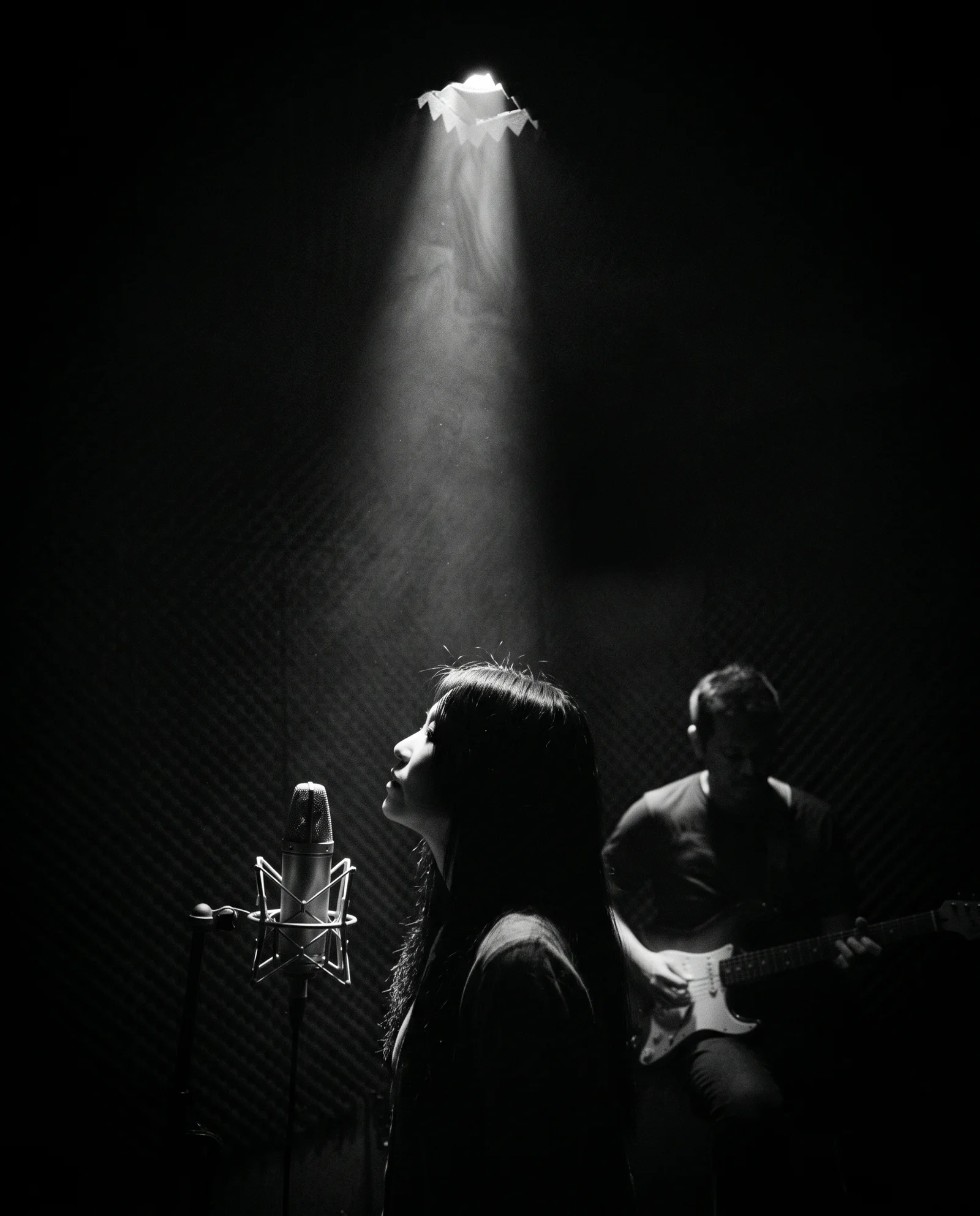 Singer and Guitarist Silhouettes in Darkness — AI-generated photograph