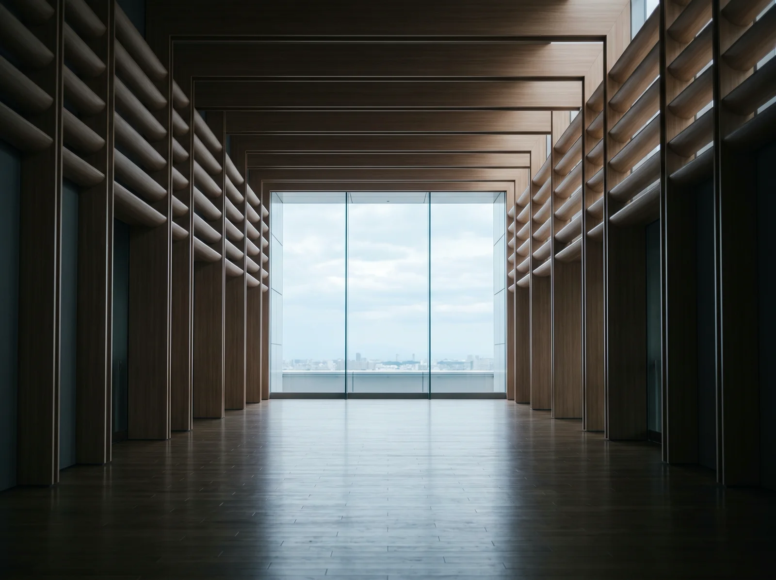 Empty Timber Concourse Toward a Glazed Wall — AI-generated photograph