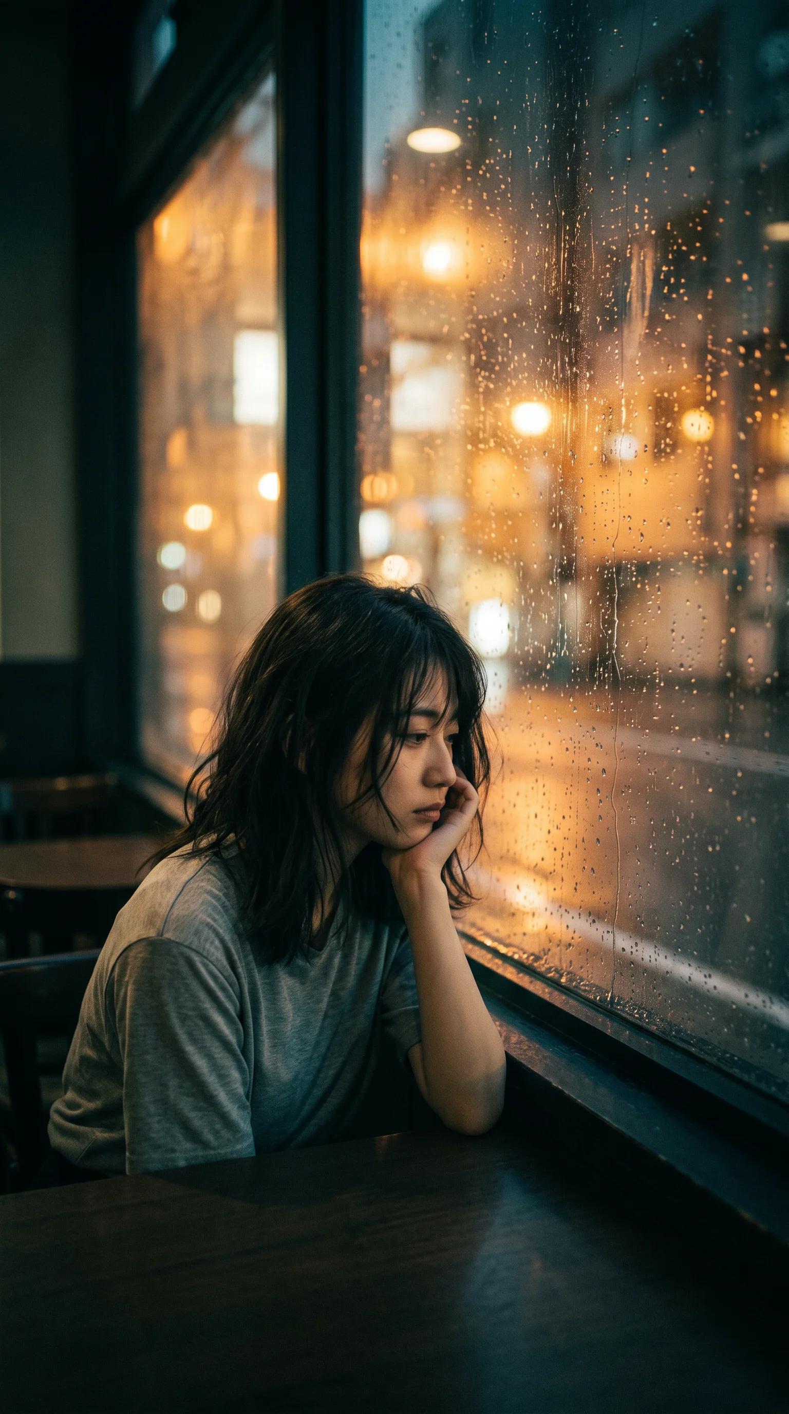 Woman Resting Her Chin by a Rain-Blurred Window — AI-generated photograph