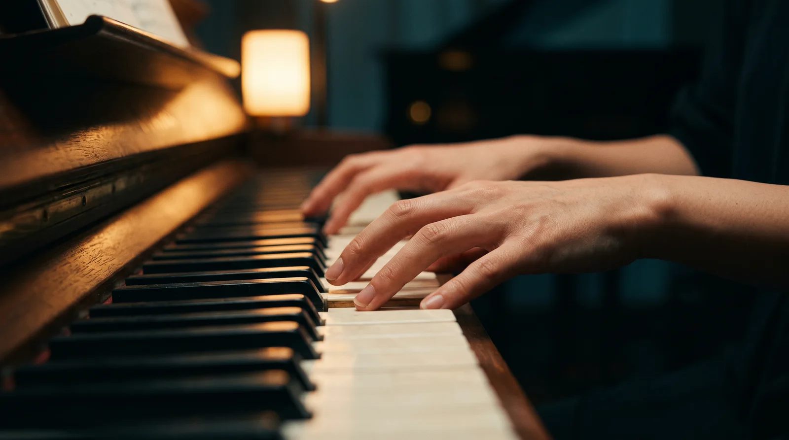 Pianist Hands on Keys Under a Warm Lamp — AI-generated photograph
