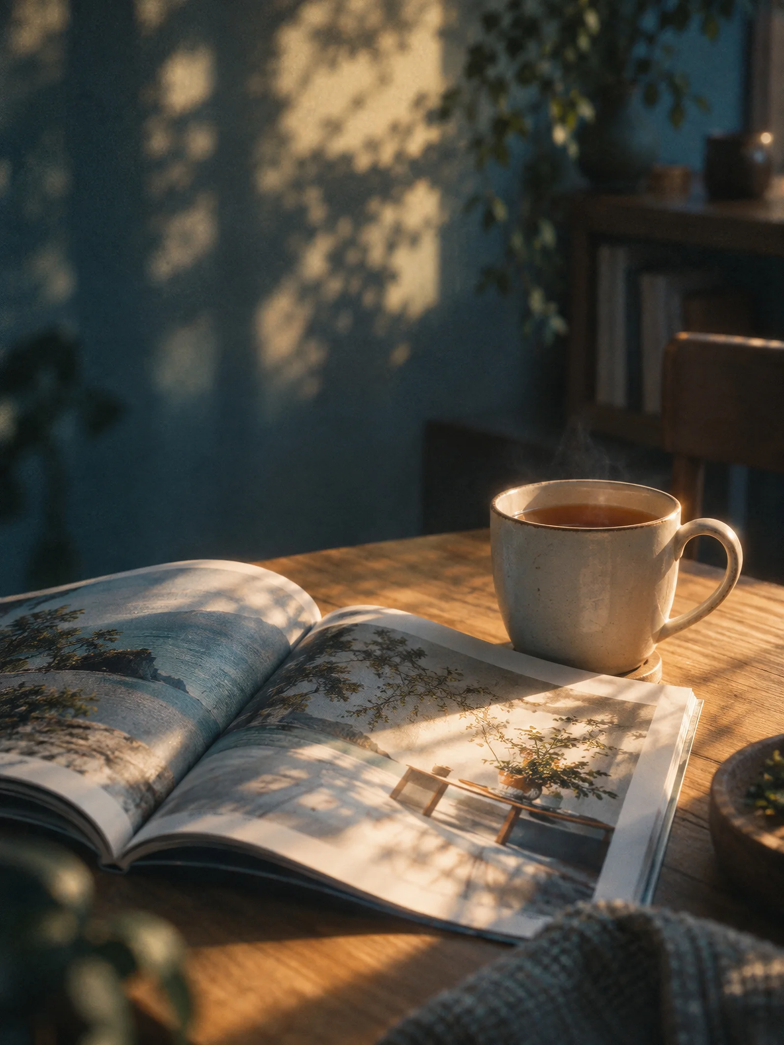Open Magazine Beside a Mug of Tea — AI-generated photograph