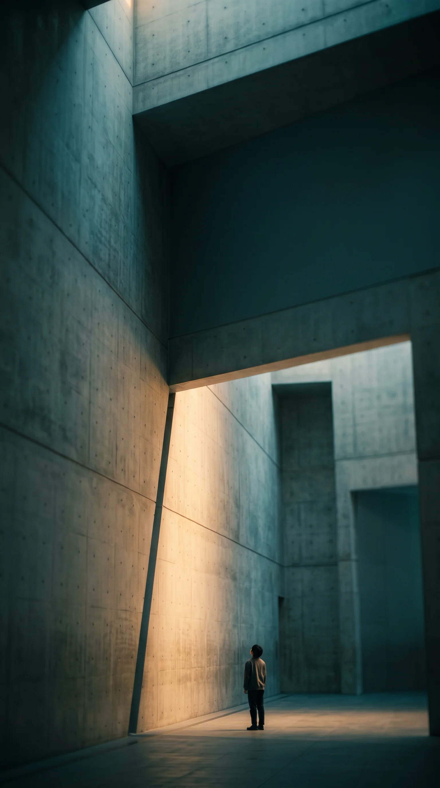 Small Figure in a Sunlit Concrete Hall — AI-generated photograph