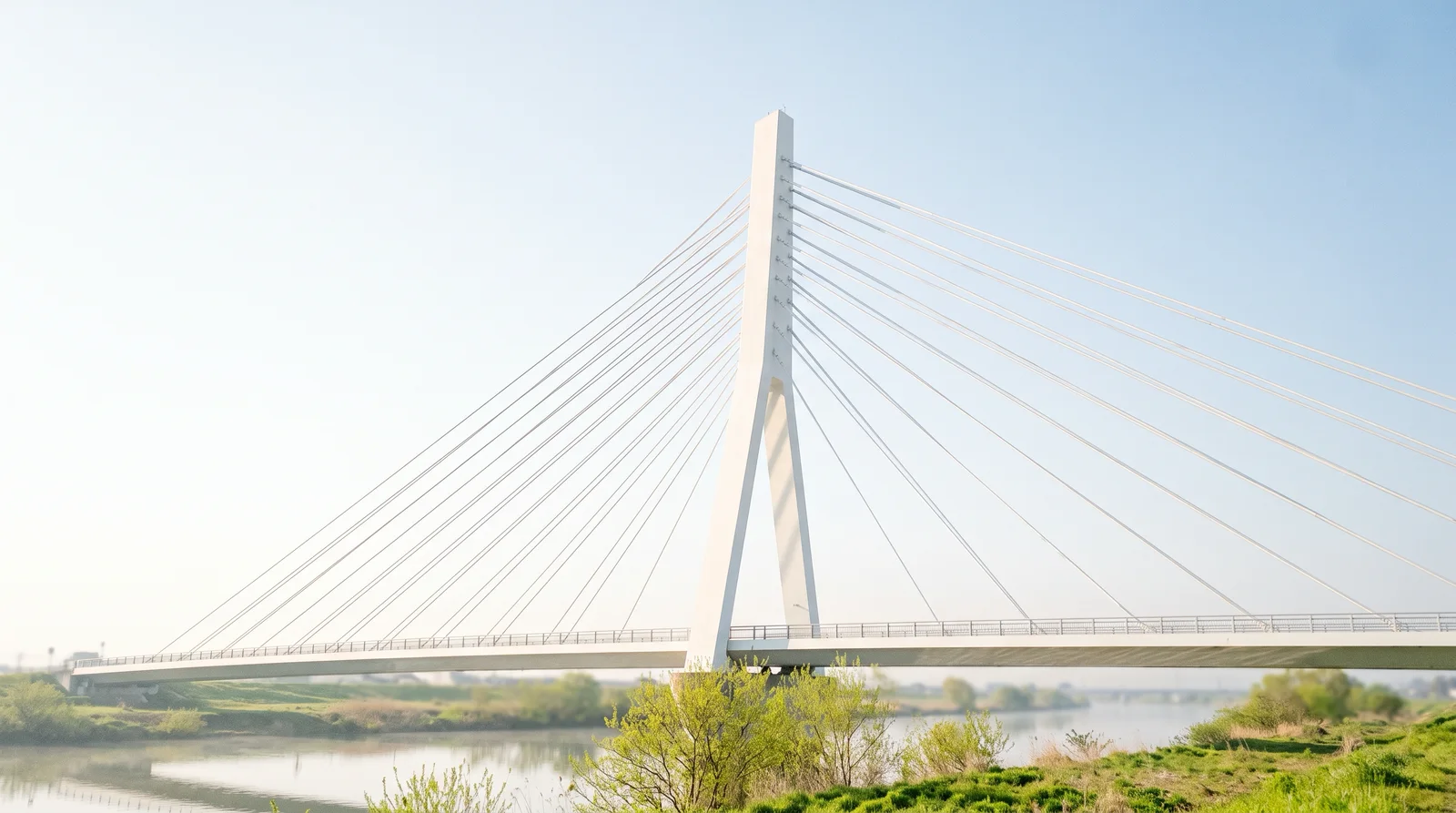 White Cable-Stayed Bridge Under a Pale Spring Sky — AI-generated photograph