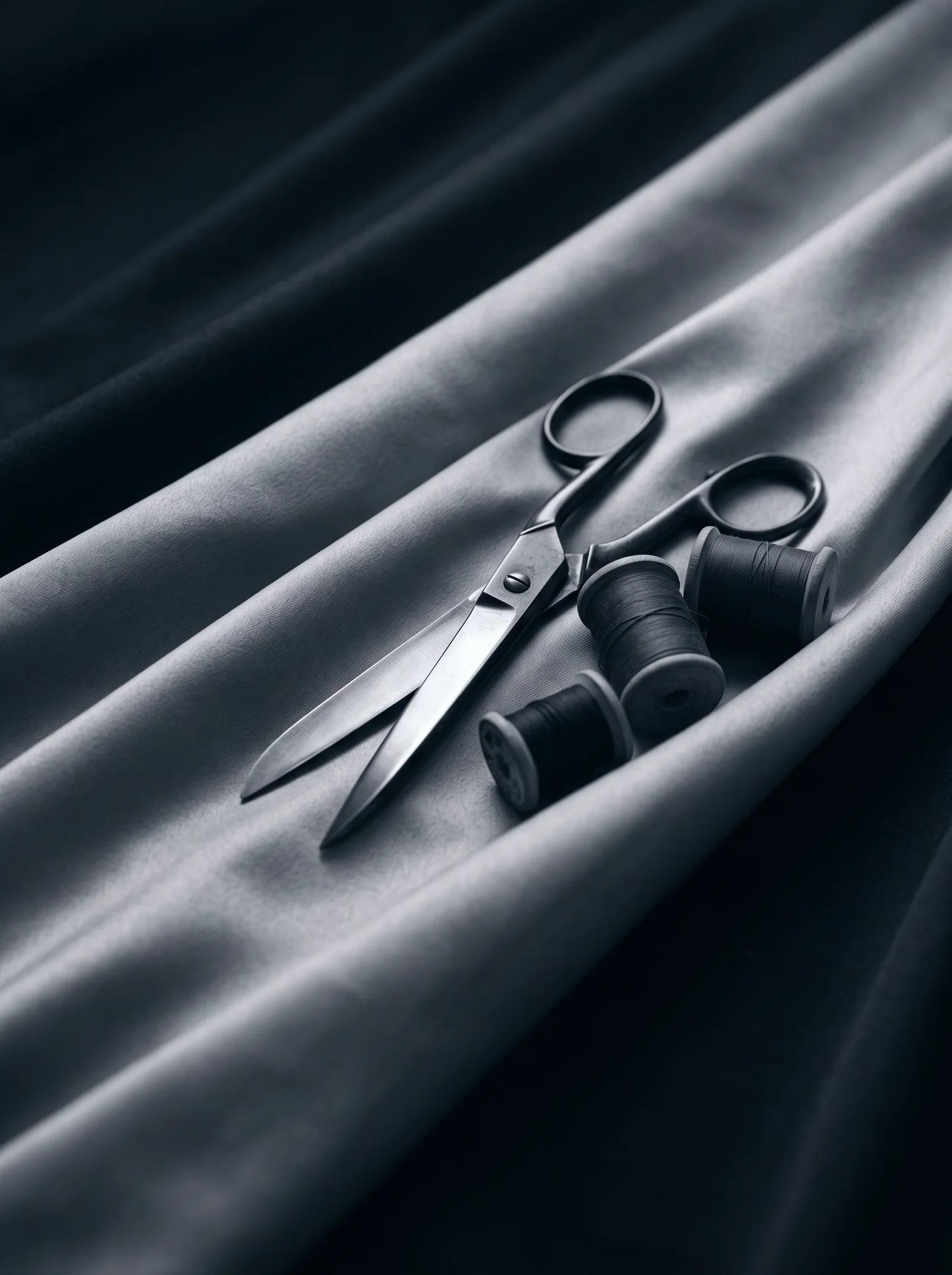 Brass Scissors and Thread Spools on Draped Cloth in Monochrome — AI-generated photograph