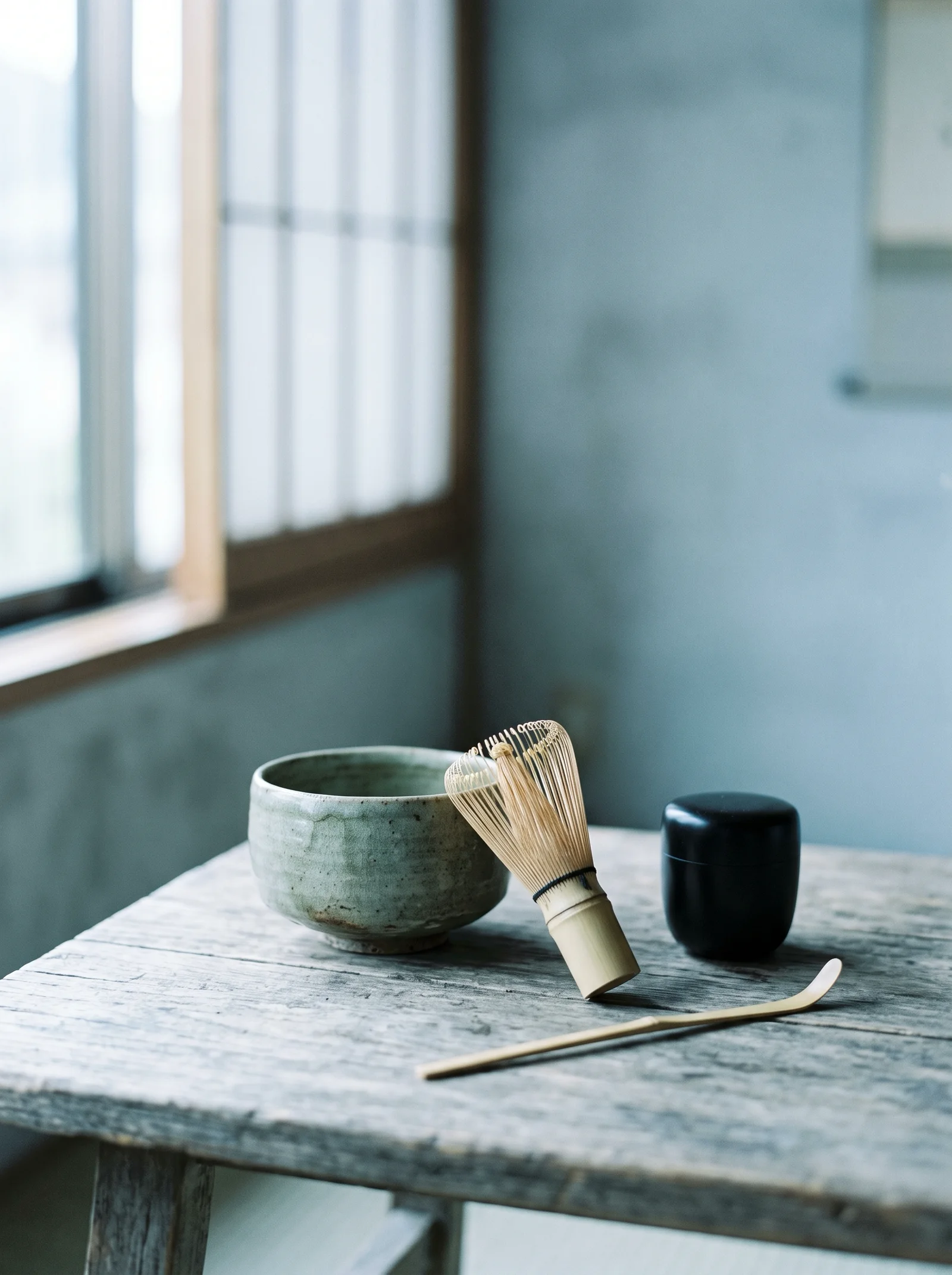 Matcha Bowl and Whisk in Cool Morning Light — AI-generated photograph