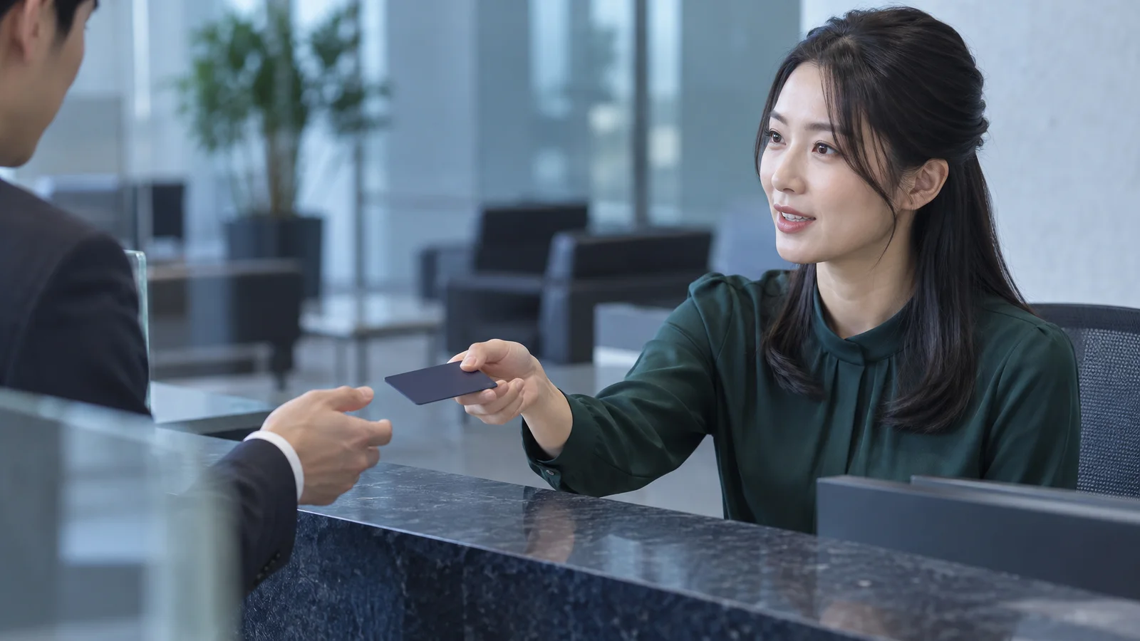 Receptionist Handing a Blank Access Card — AI-generated photograph